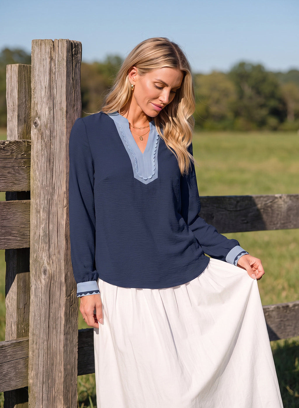 Dokotoo Womens Tops V Neck Long Sleeve Shirts Boho Trim Casual Blouses