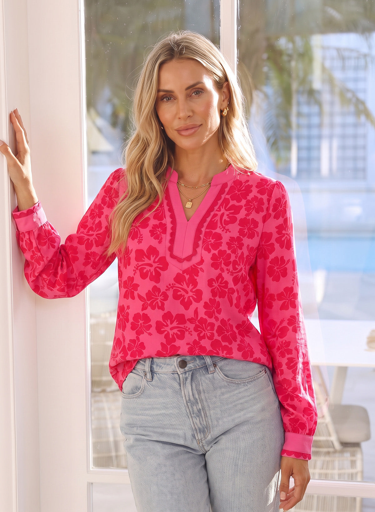 Dokotoo Womens Tops V Neck Long Sleeve Shirts Boho Trim Casual Blouses