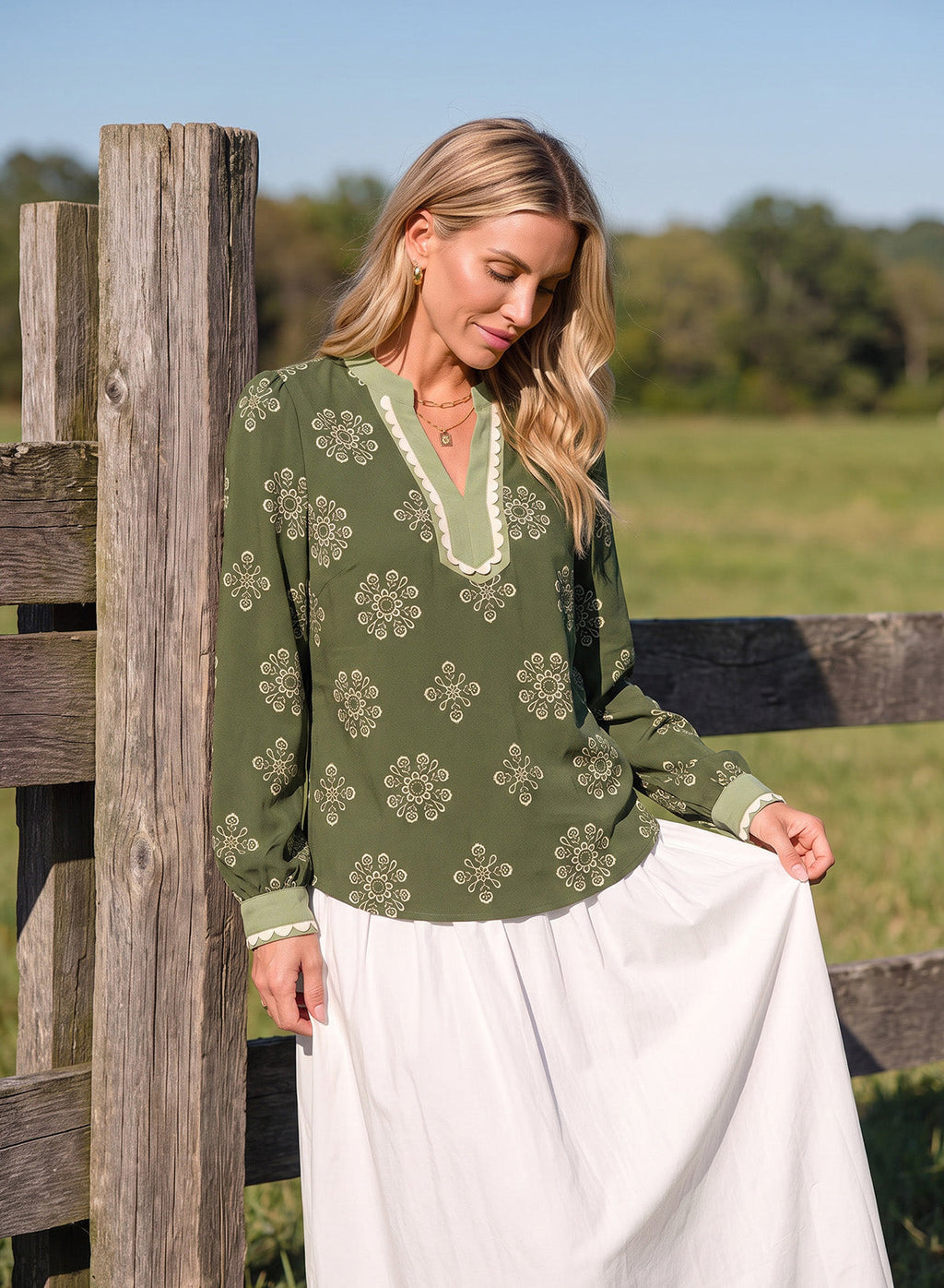Dokotoo Womens Tops V Neck Long Sleeve Shirts Boho Trim Casual Blouses