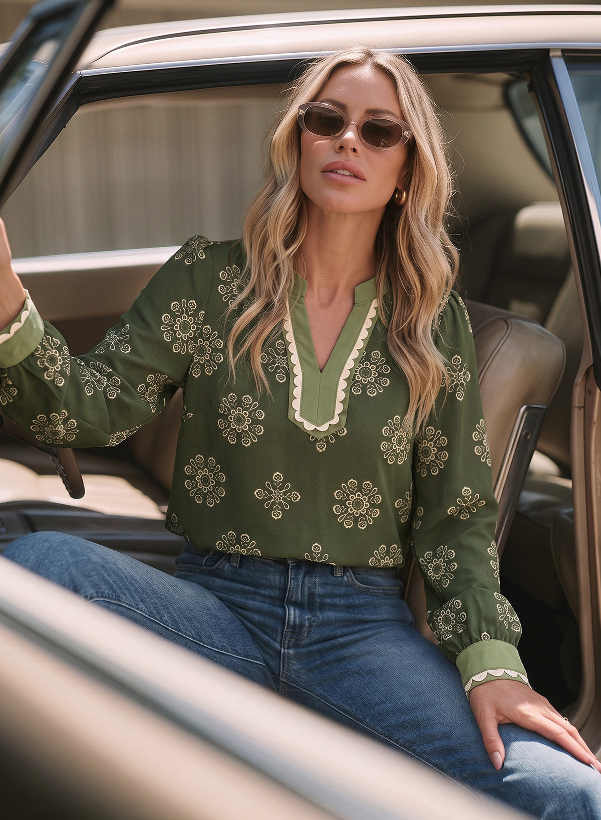 Dokotoo Womens Tops V Neck Long Sleeve Shirts Boho Trim Casual Blouses