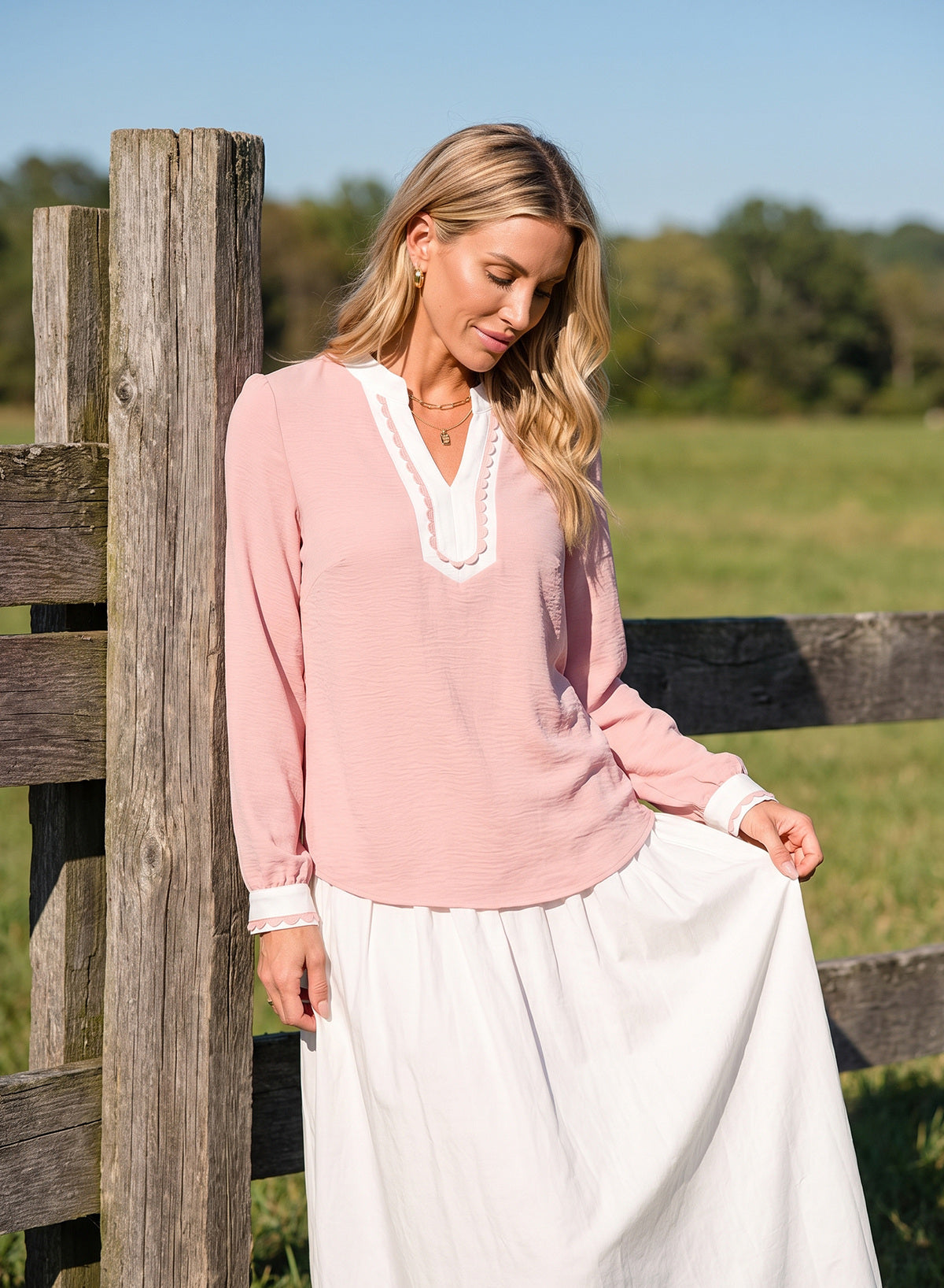 Dokotoo Womens Tops V Neck Long Sleeve Shirts Boho Trim Casual Blouses