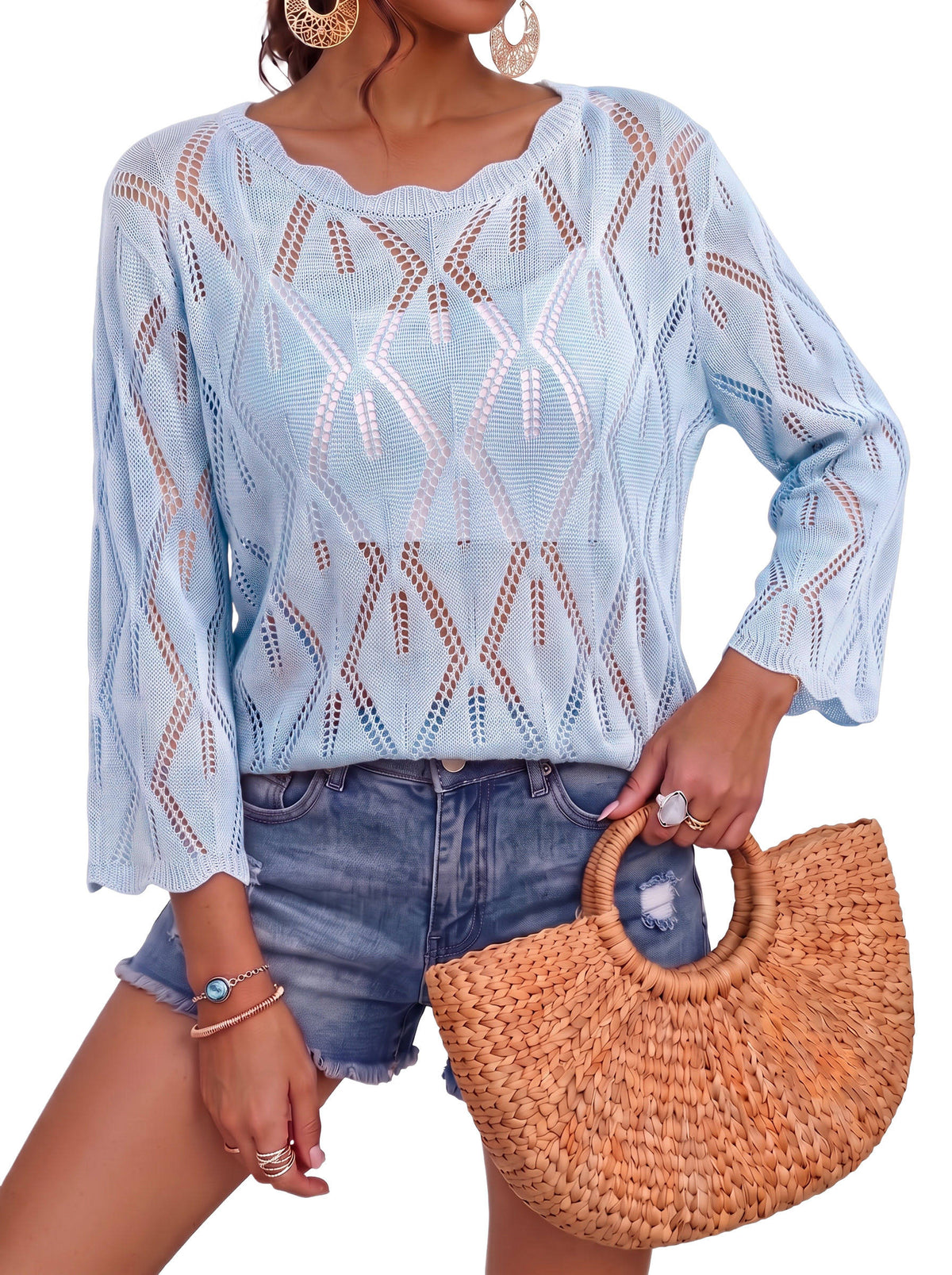 Dokotoo Women's 3/4 Sleeve Crochet Knit Tops 2026 Summer Sweaters Outfits