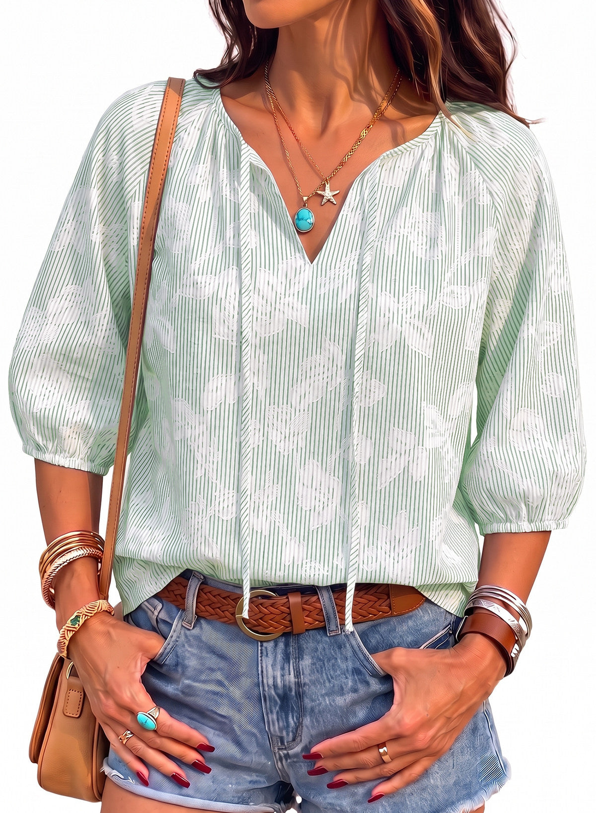 Dokotoo Womens Summer 3/4 Length Sleeve Oversized Striped Tops Blouses 2026