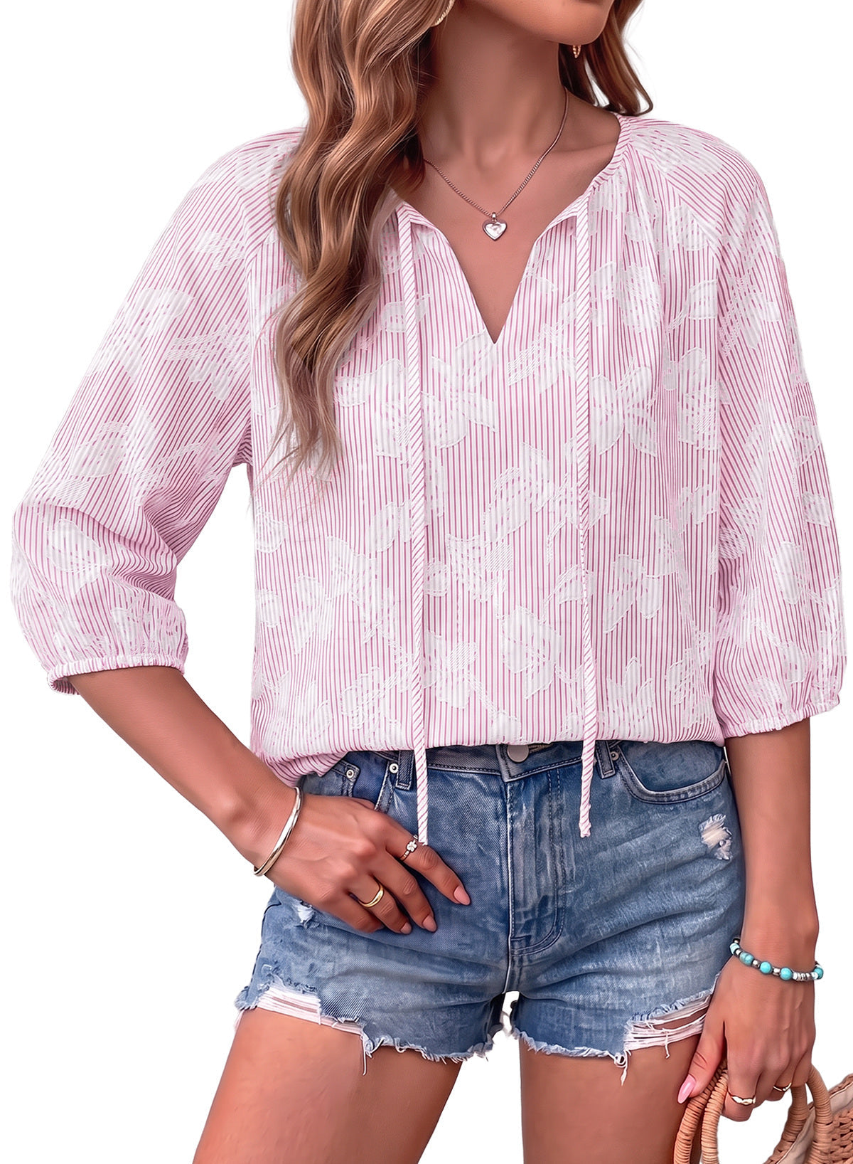 Dokotoo Womens Summer 3/4 Length Sleeve Oversized Striped Tops Blouses 2026
