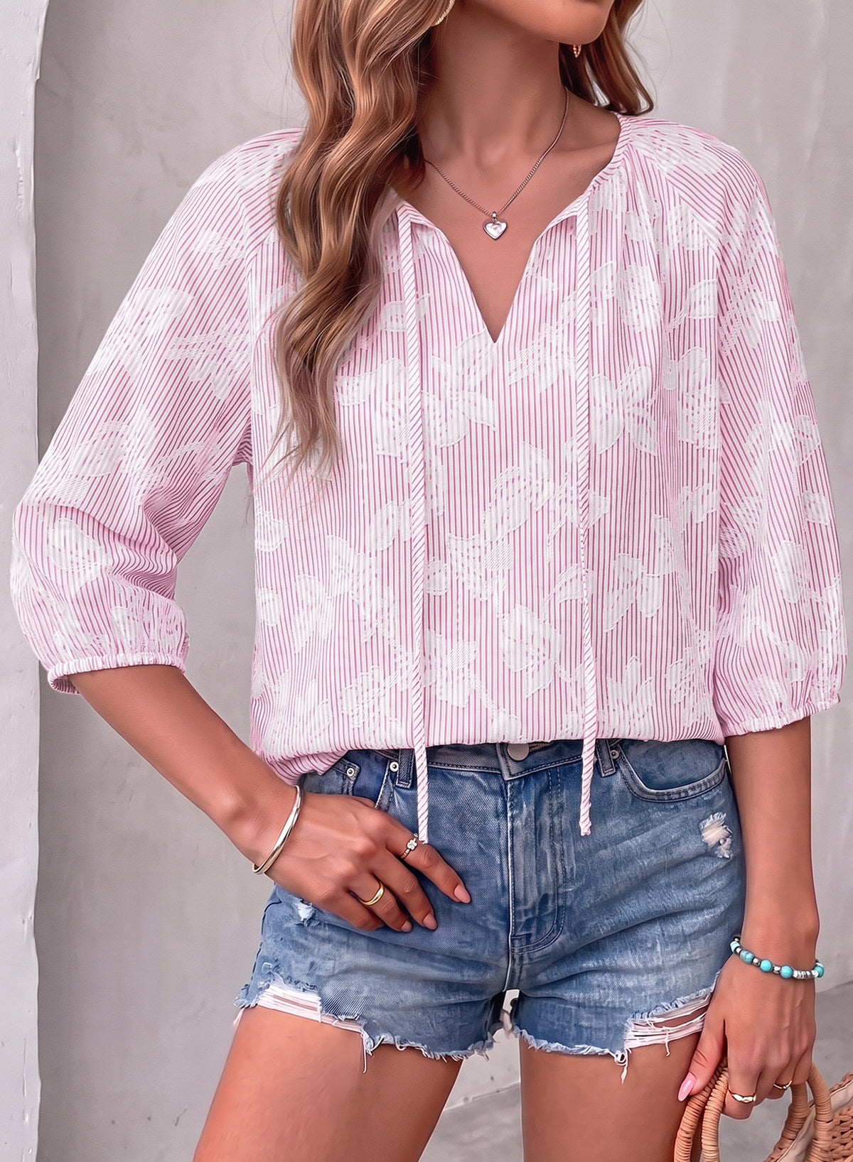 Dokotoo Womens Summer 3/4 Length Sleeve Oversized Striped Tops Blouses 2026