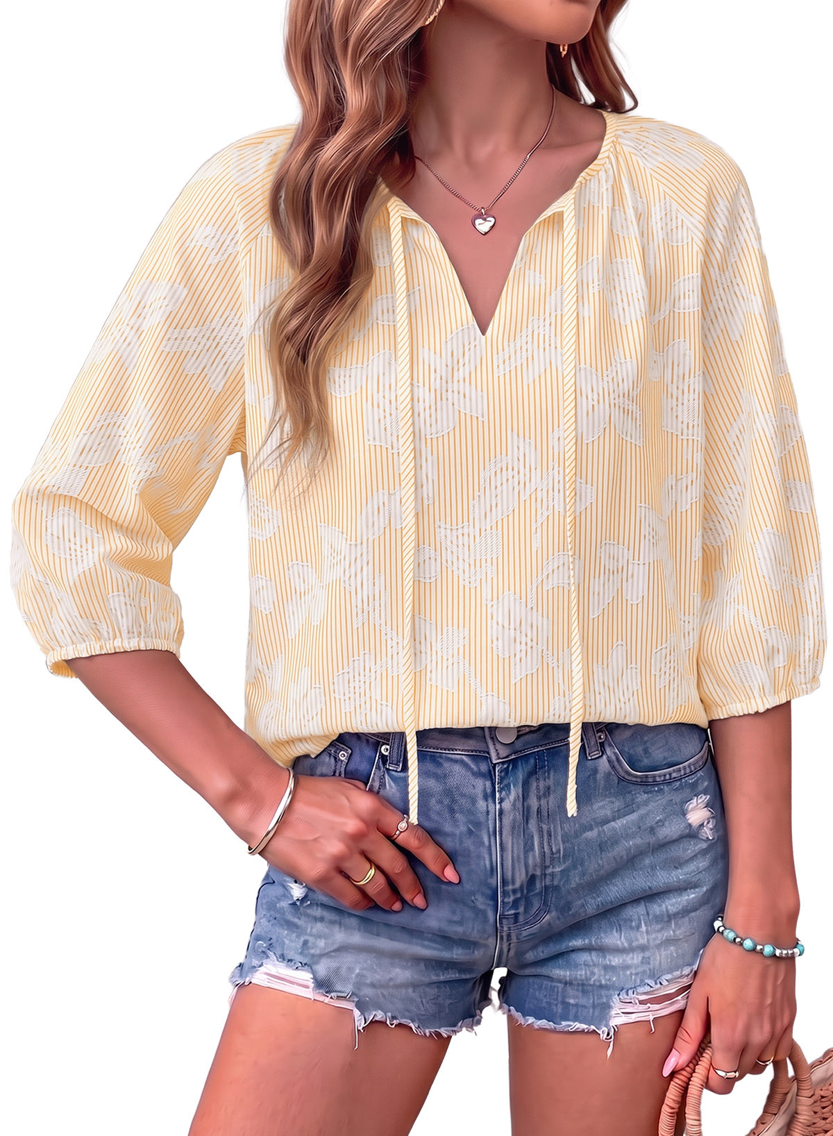 Dokotoo Womens Summer 3/4 Length Sleeve Oversized Striped Tops Blouses 2026