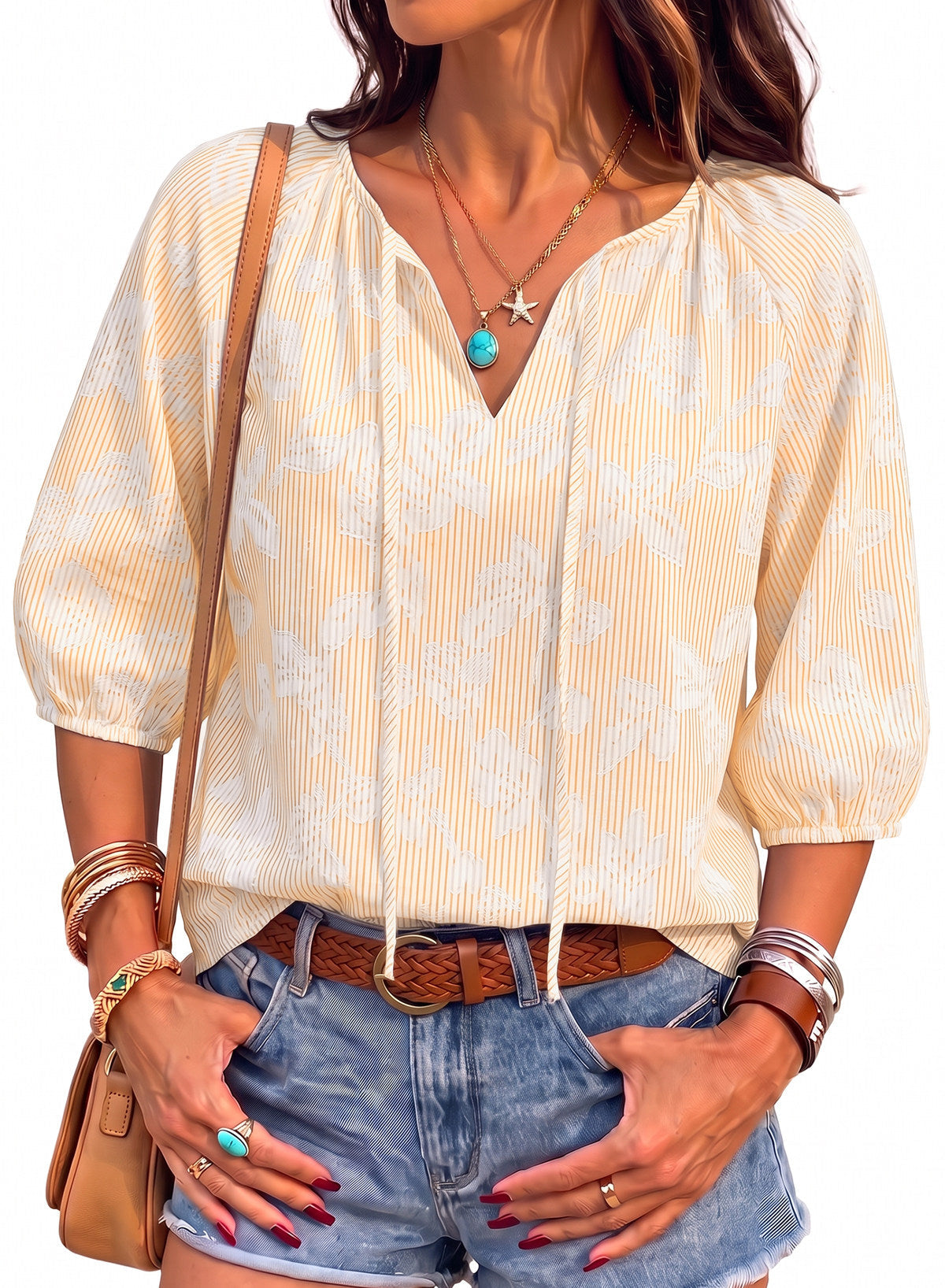 Dokotoo Womens Summer 3/4 Length Sleeve Oversized Striped Tops Blouses 2026