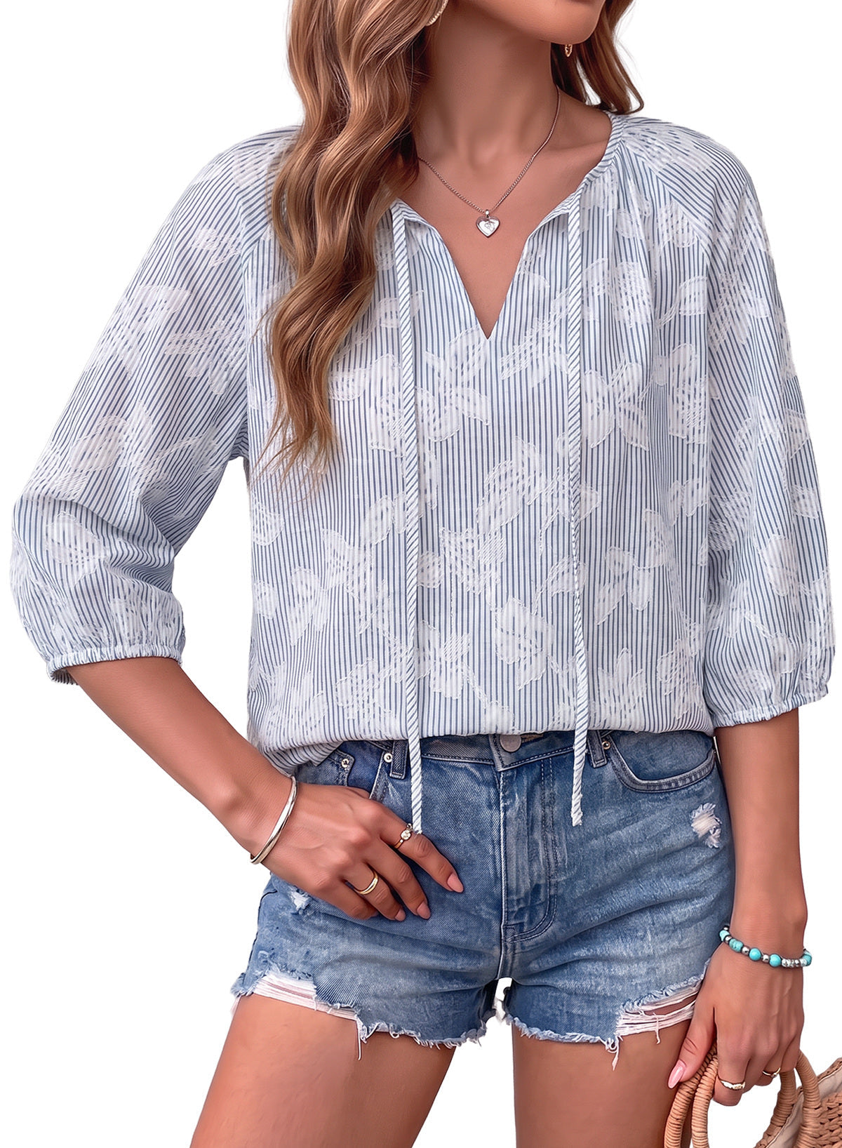 Dokotoo Womens Summer 3/4 Length Sleeve Oversized Striped Tops Blouses 2026