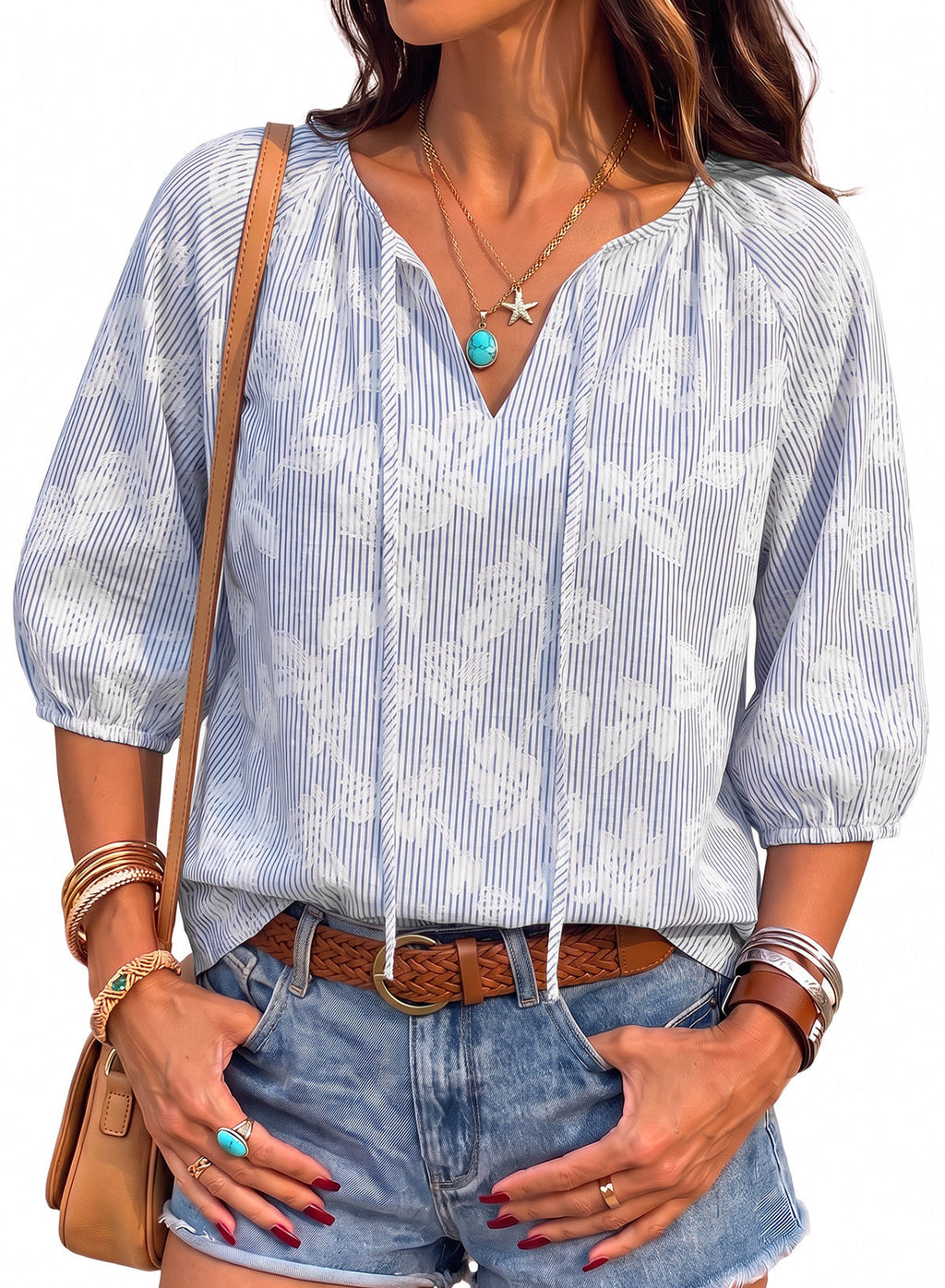 Dokotoo Womens Summer 3/4 Length Sleeve Oversized Striped Tops Blouses 2026