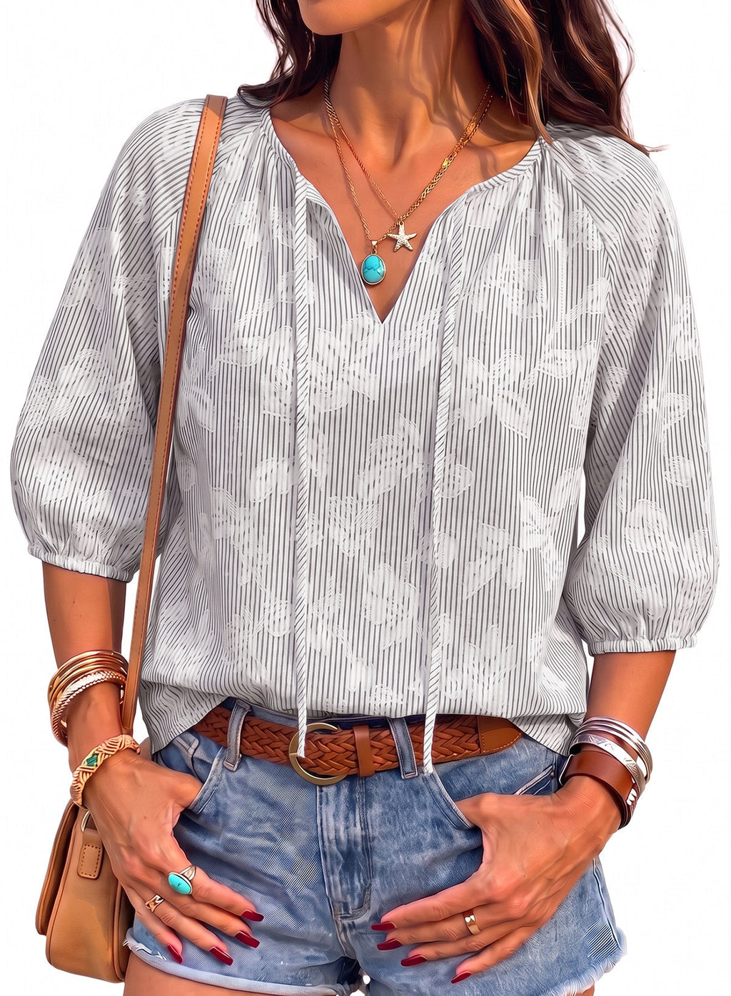 Dokotoo Womens Summer 3/4 Length Sleeve Oversized Striped Tops Blouses 2026