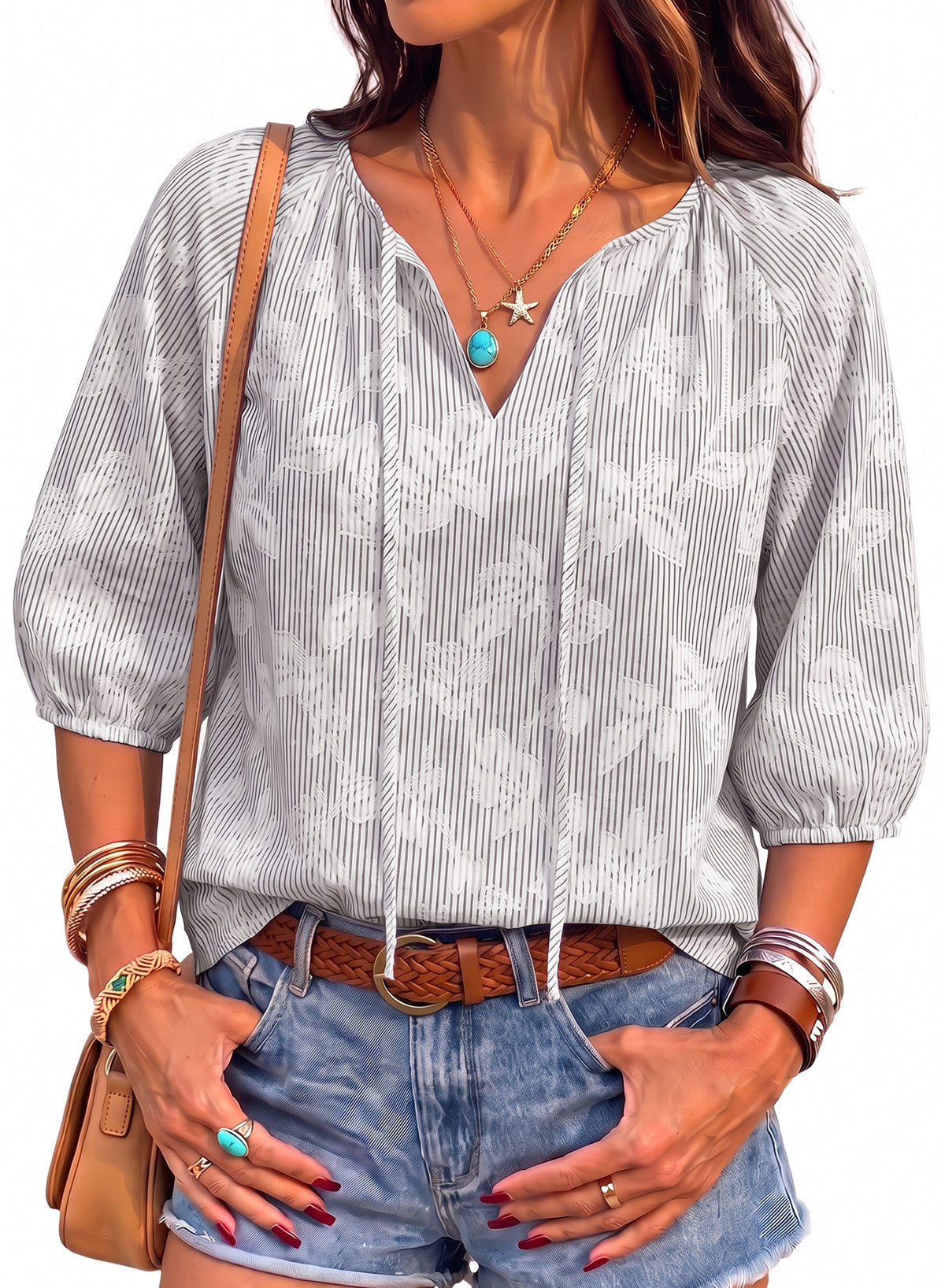 Dokotoo Womens Summer 3/4 Length Sleeve Oversized Striped Tops Blouses 2026