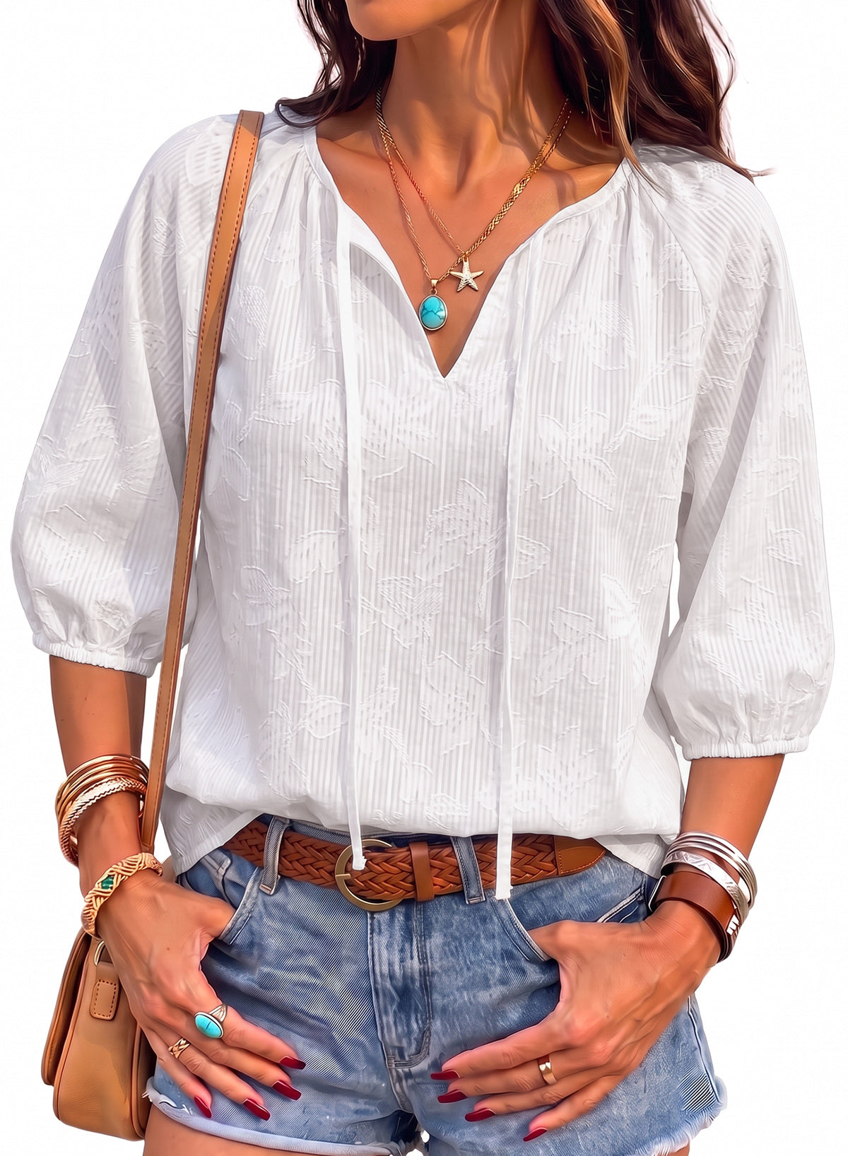 Dokotoo Womens Summer 3/4 Length Sleeve Oversized Striped Tops Blouses 2026