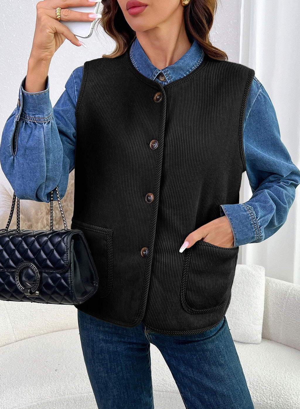 Dokotoo Vest Tops for Women Button Up Sleeveless Corduroy Vests