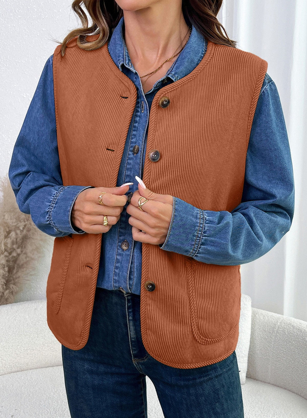 Dokotoo Vest Tops for Women Button Up Sleeveless Corduroy Vests