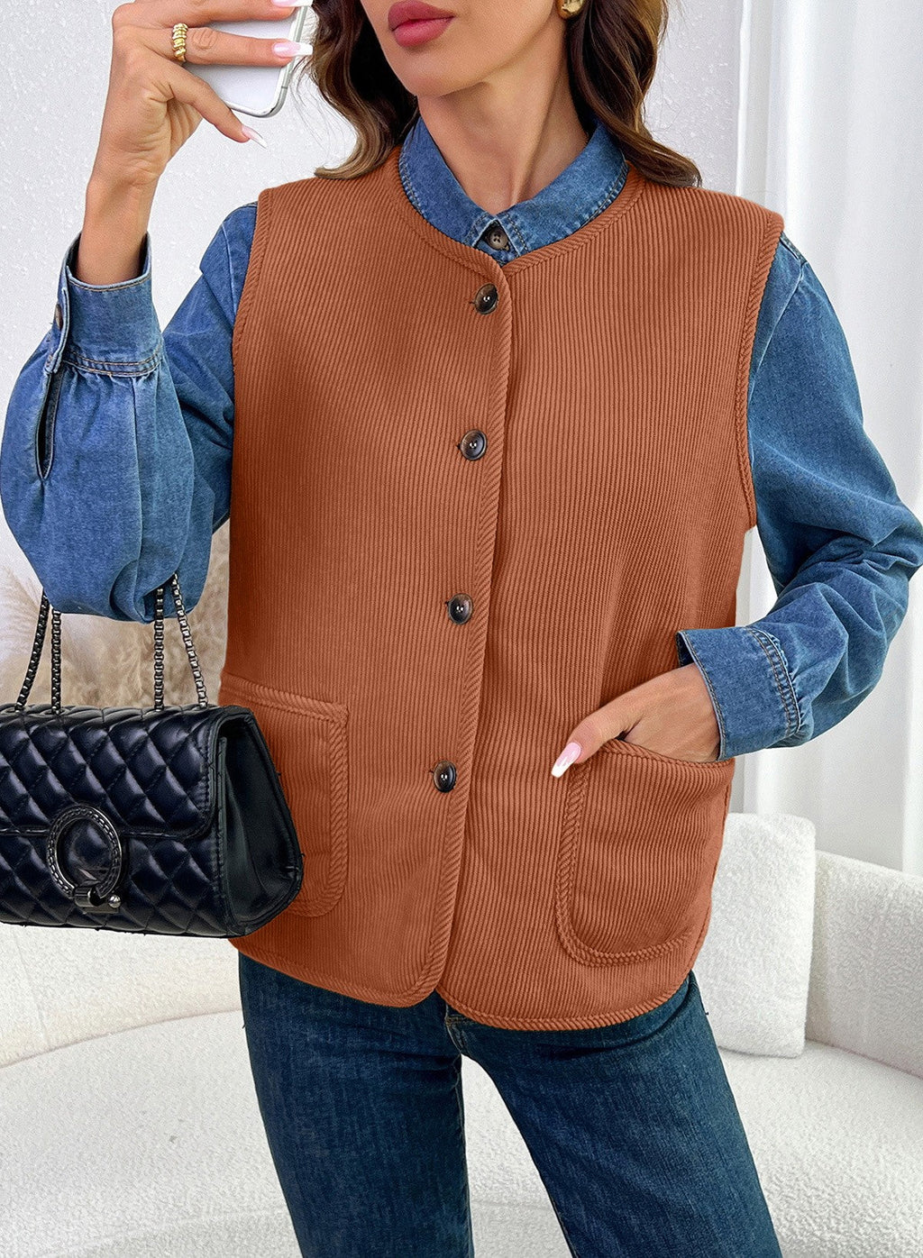 Dokotoo Vest Tops for Women Button Up Sleeveless Corduroy Vests