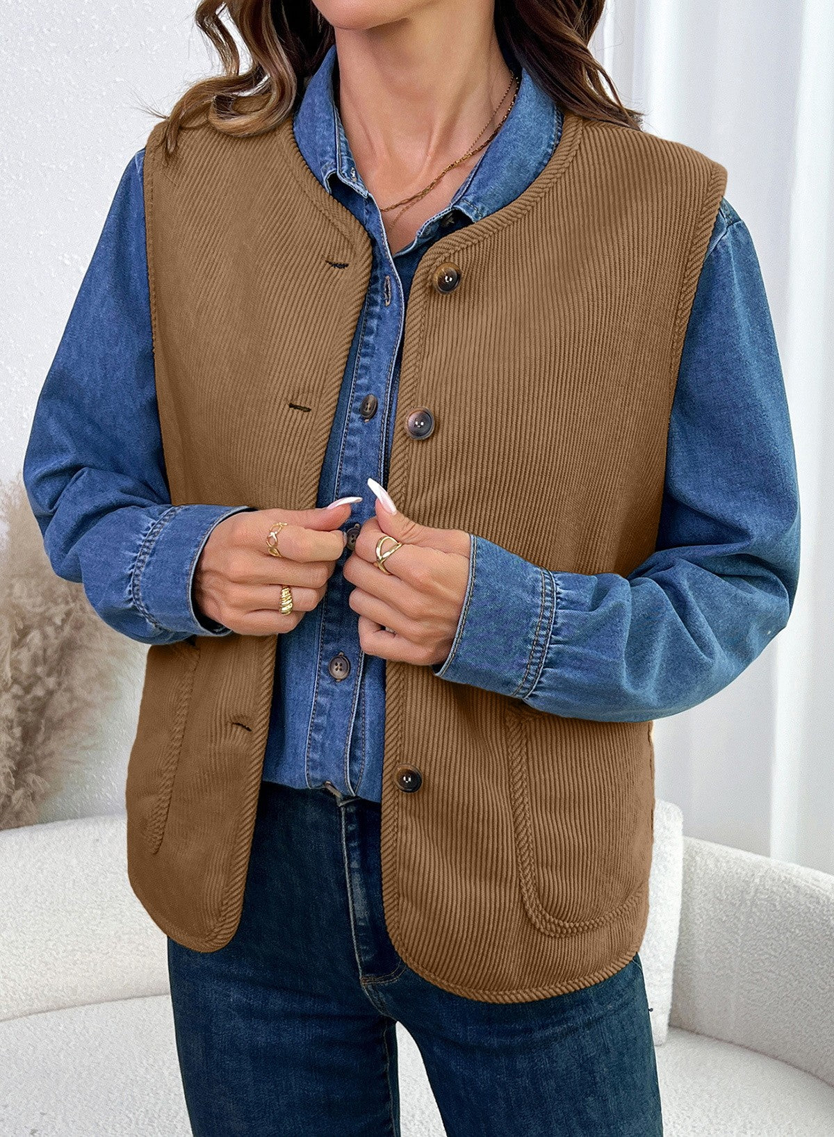 Dokotoo Vest Tops for Women Button Up Sleeveless Corduroy Vests