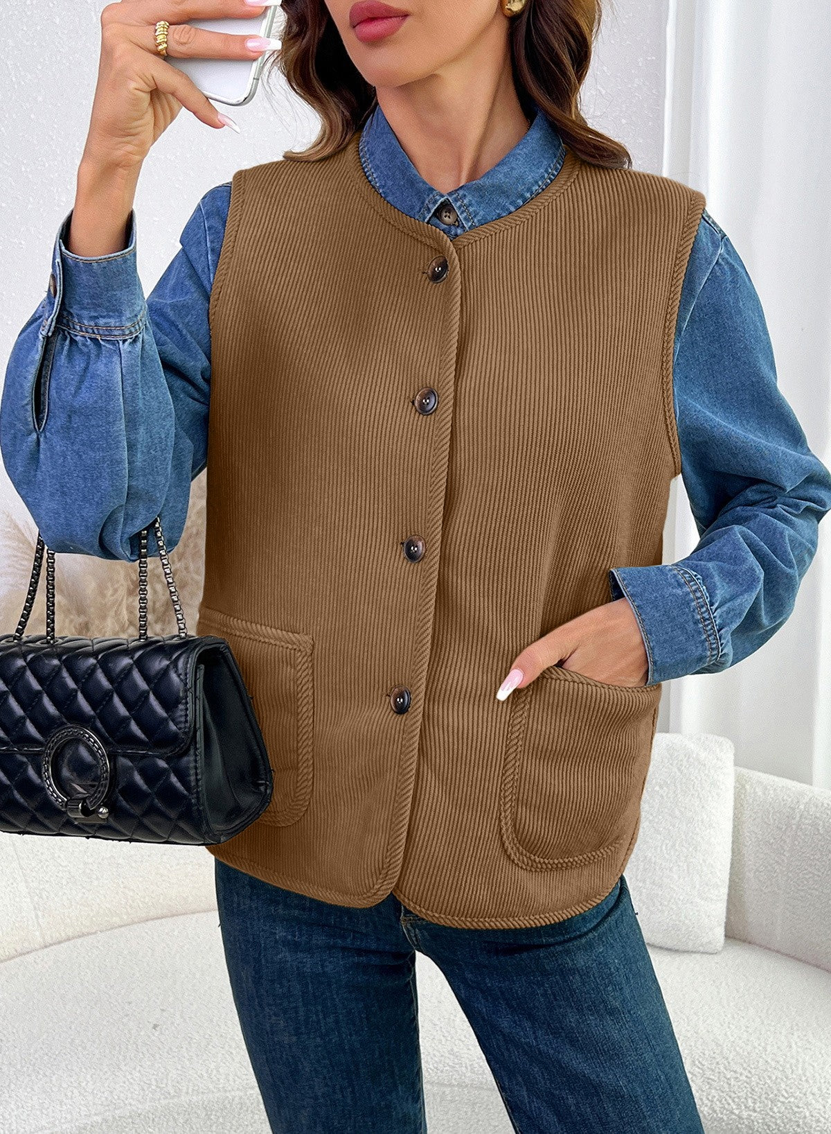 Dokotoo Vest Tops for Women Button Up Sleeveless Corduroy Vests