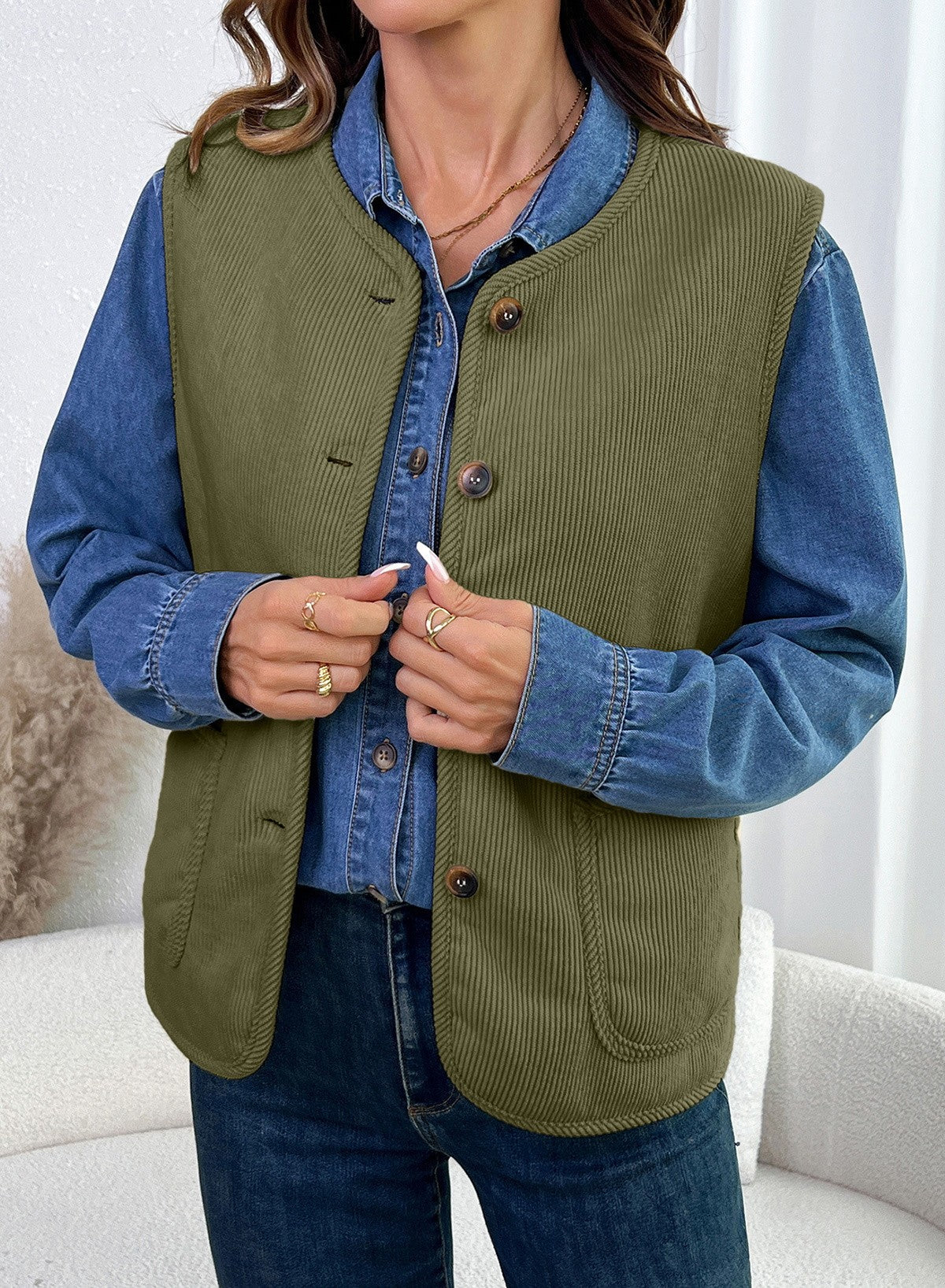 Dokotoo Vest Tops for Women Button Up Sleeveless Corduroy Vests