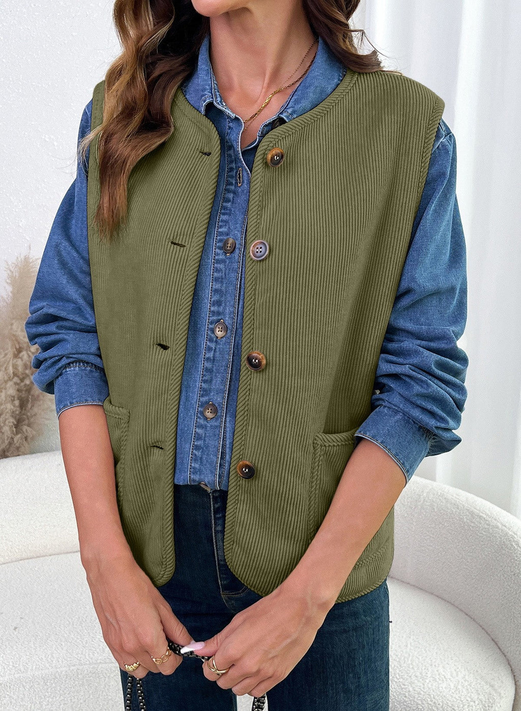 Dokotoo Vest Tops for Women Button Up Sleeveless Corduroy Vests