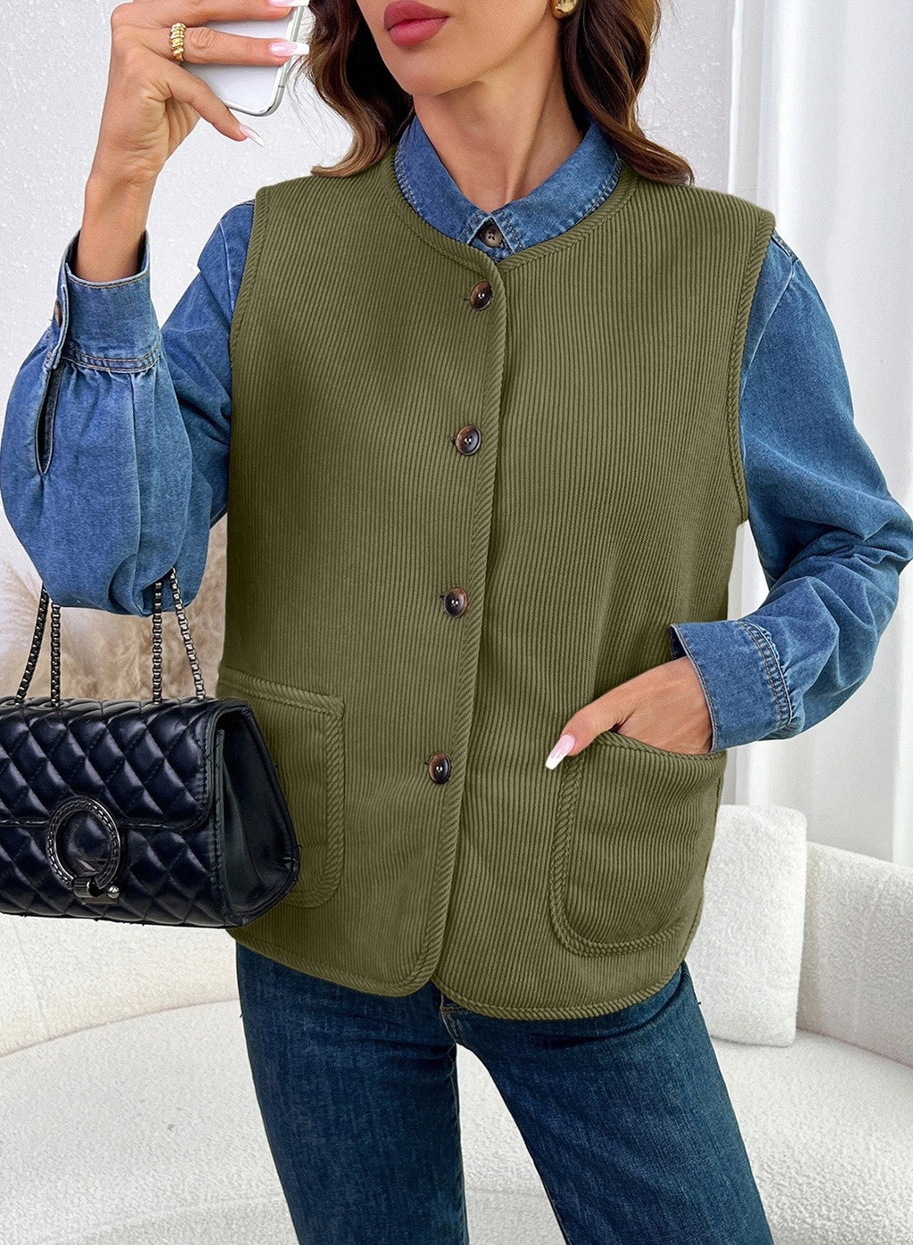 Dokotoo Vest Tops for Women Button Up Sleeveless Corduroy Vests