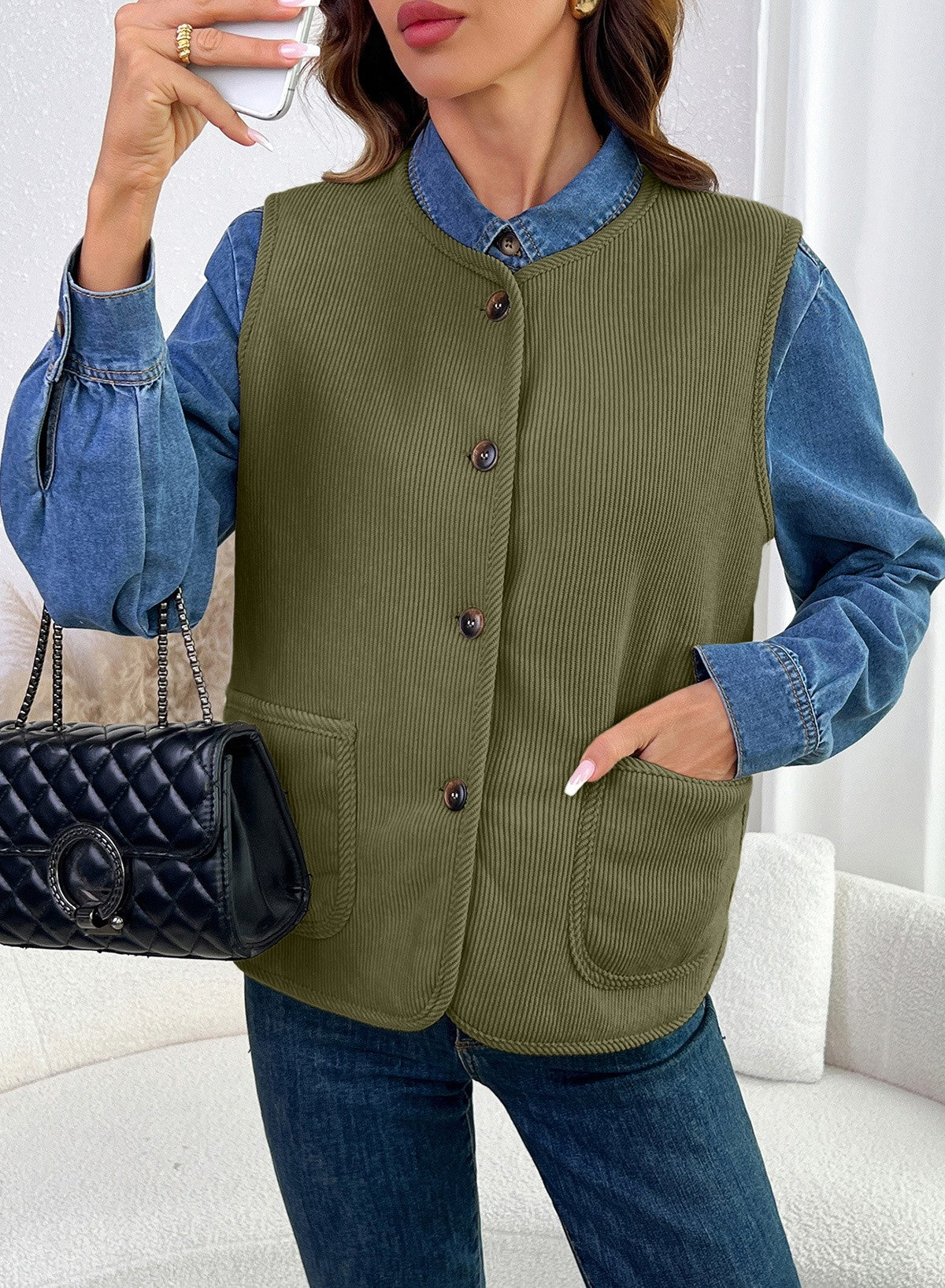 Dokotoo Vest Tops for Women Button Up Sleeveless Corduroy Vests