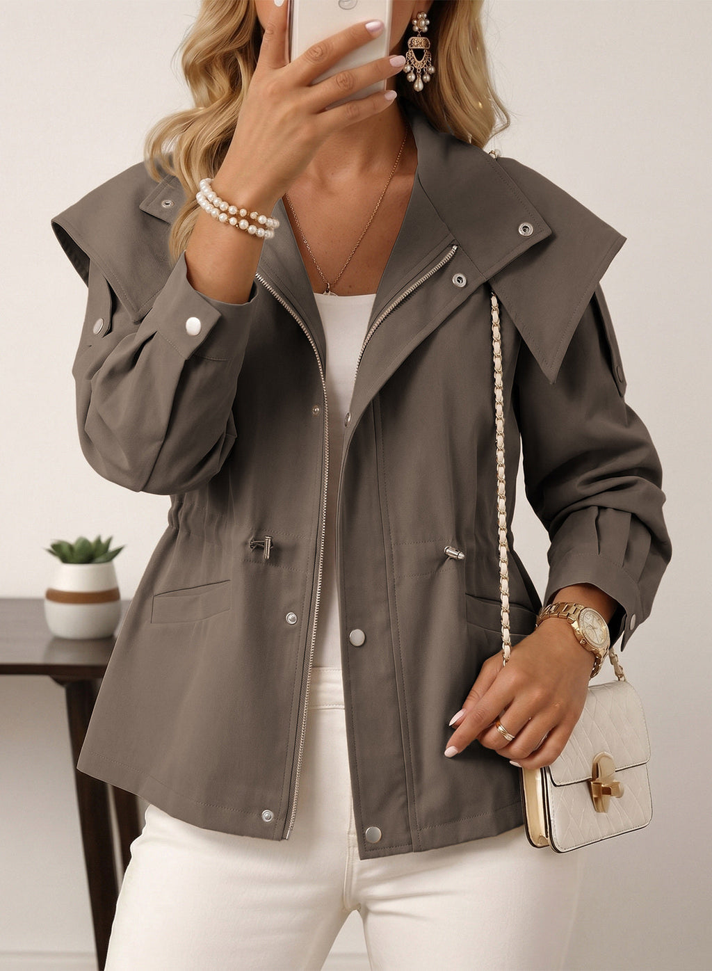 Dokotoo Women's Casual Drawstring Zip Hooded Trench Coat 2026 Outerwear Jacket
