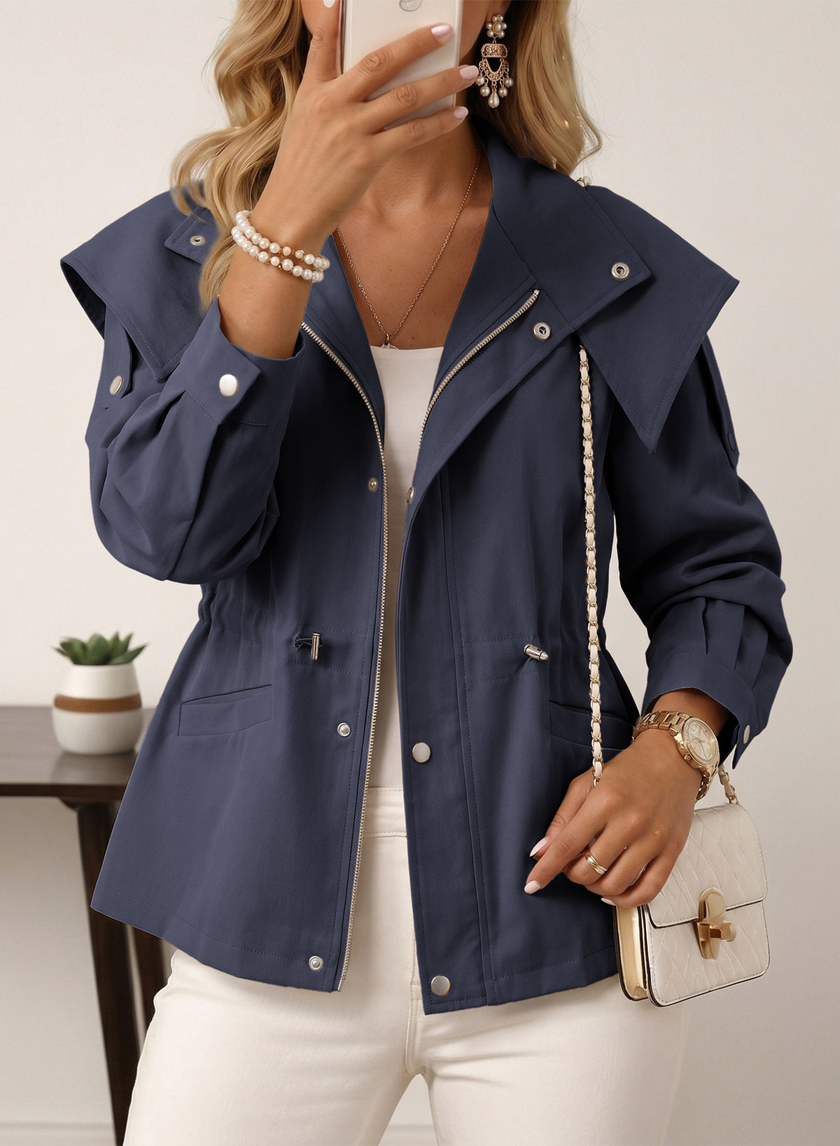 Dokotoo Women's Casual Drawstring Zip Hooded Trench Coat 2026 Outerwear Jacket