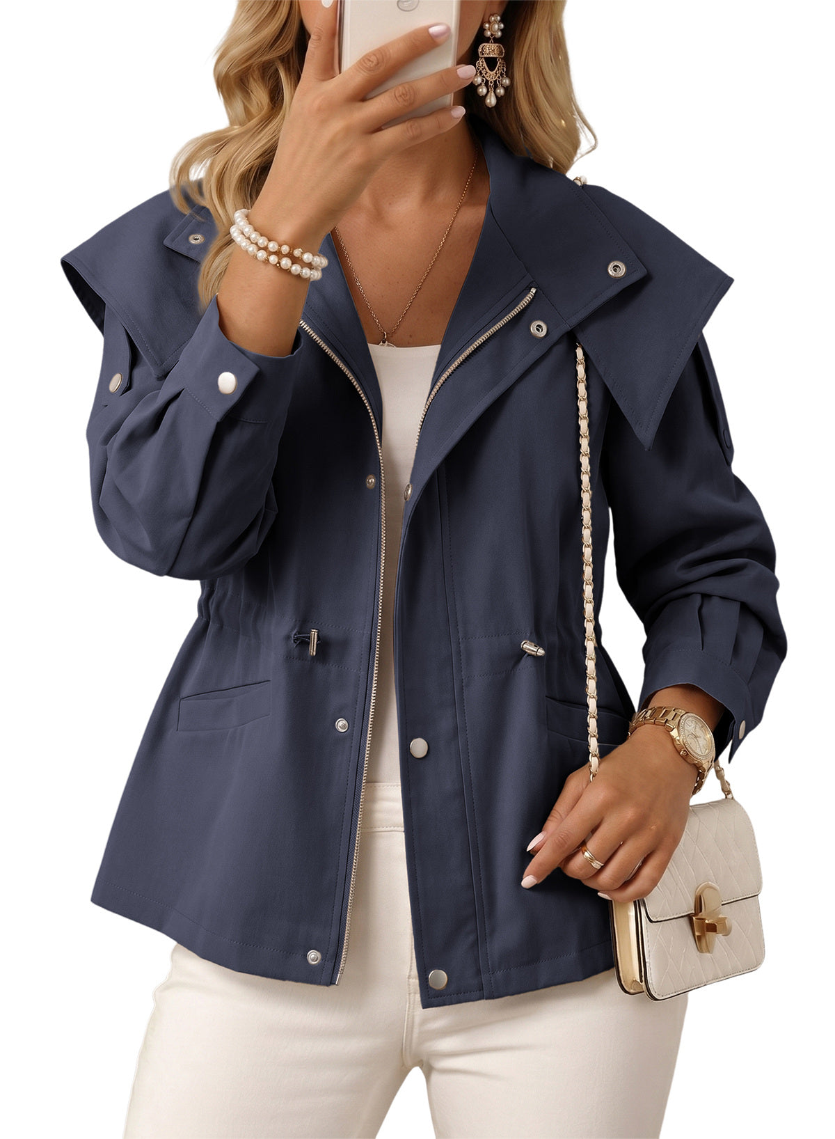 Dokotoo Women's Casual Drawstring Zip Hooded Trench Coat 2026 Outerwear Jacket