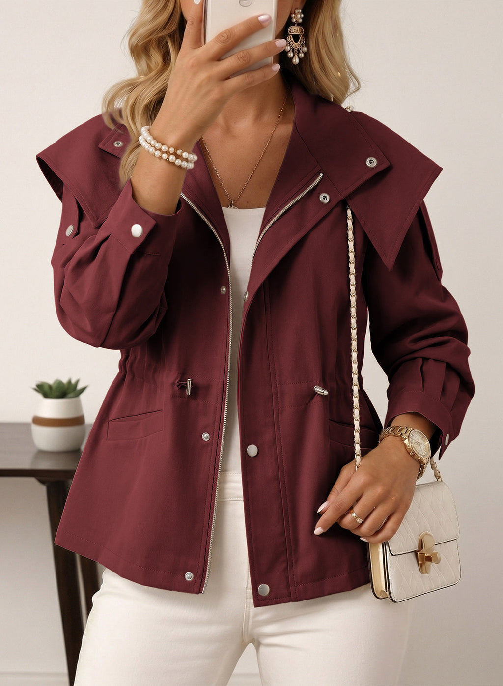 Dokotoo Women's Casual Drawstring Zip Hooded Trench Coat 2026 Outerwear Jacket