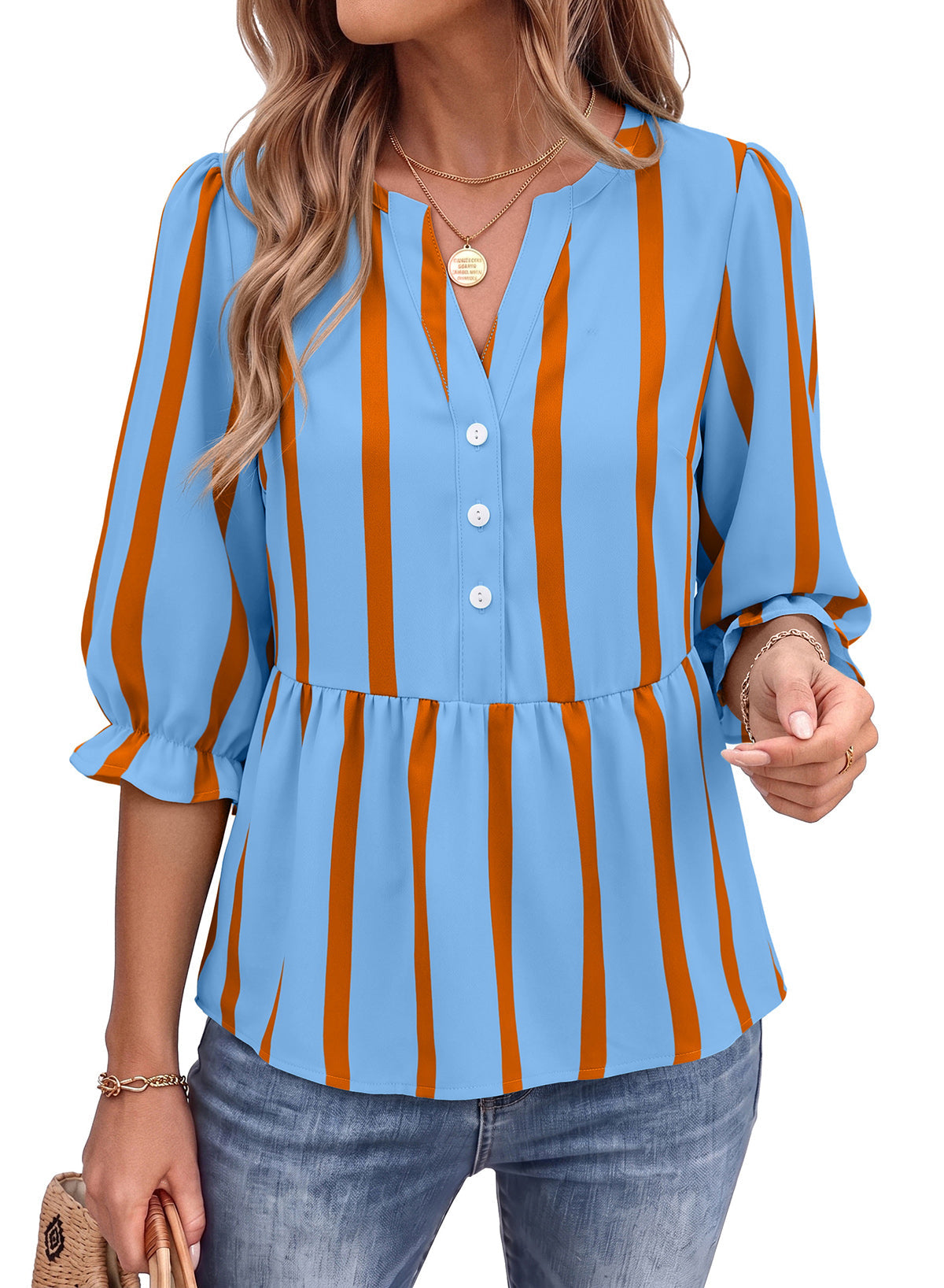 Dokotoo Women's Casual Striped Shirt 3/4 Sleeve Oversized Tops 2026 Outfits