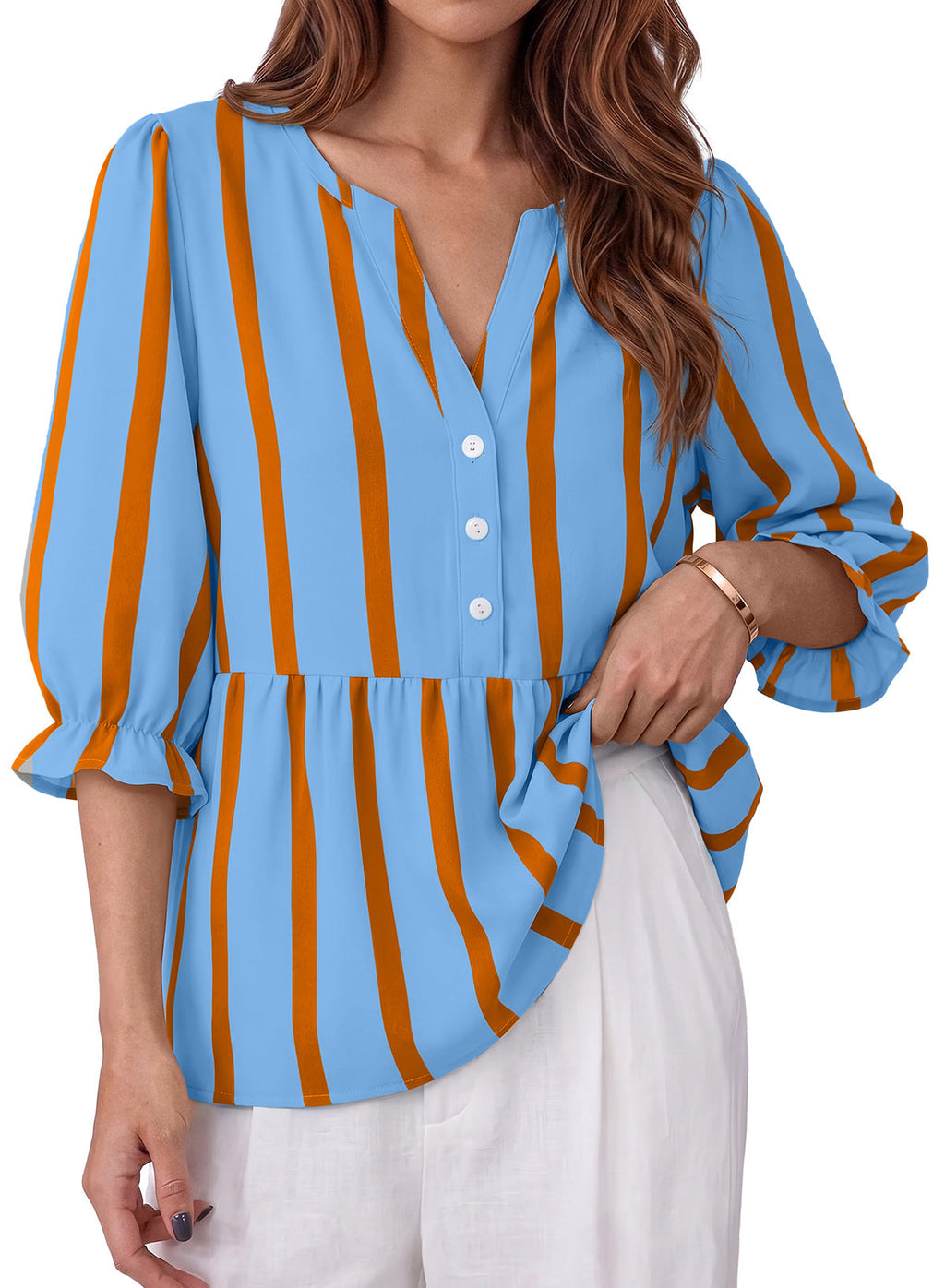 Dokotoo Women's Casual Striped Shirt 3/4 Sleeve Oversized Tops 2026 Outfits