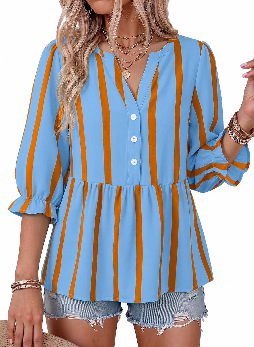 Dokotoo Women's Casual Striped Shirt 3/4 Sleeve Oversized Tops 2026 Outfits