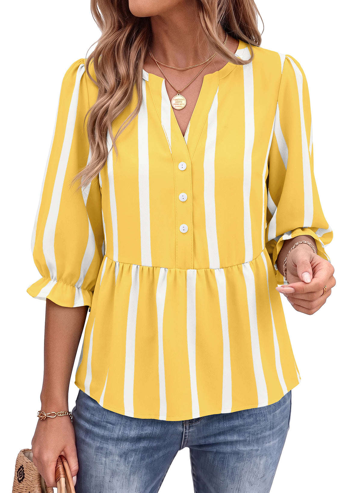 Dokotoo Women's Casual Striped Shirt 3/4 Sleeve Oversized Tops 2026 Outfits