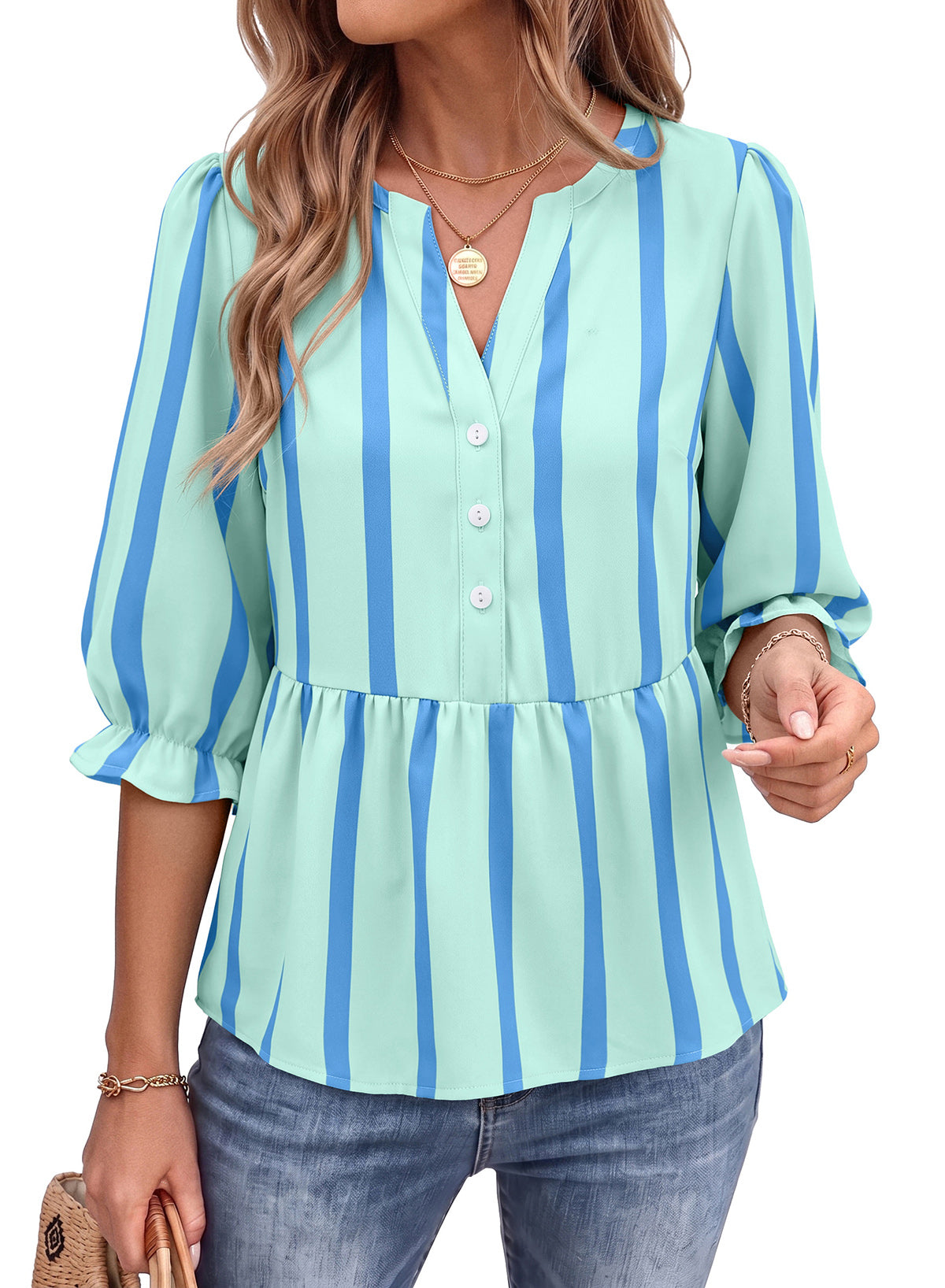 Dokotoo Women's Casual Striped Shirt 3/4 Sleeve Oversized Tops 2026 Outfits