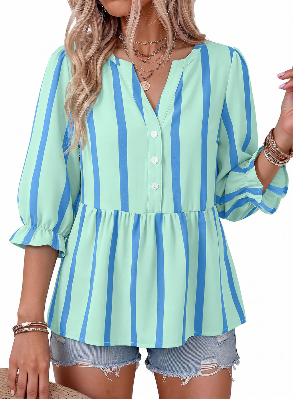 Dokotoo Women's Casual Striped Shirt 3/4 Sleeve Oversized Tops 2026 Outfits