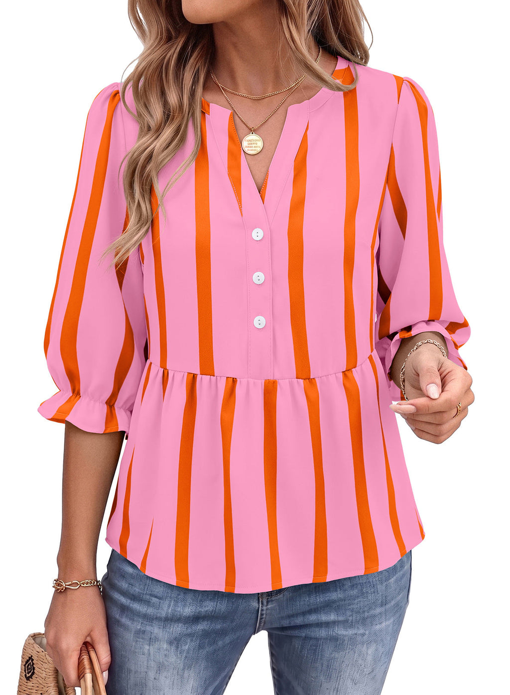Dokotoo Women's Casual Striped Shirt 3/4 Sleeve Oversized Tops 2026 Outfits