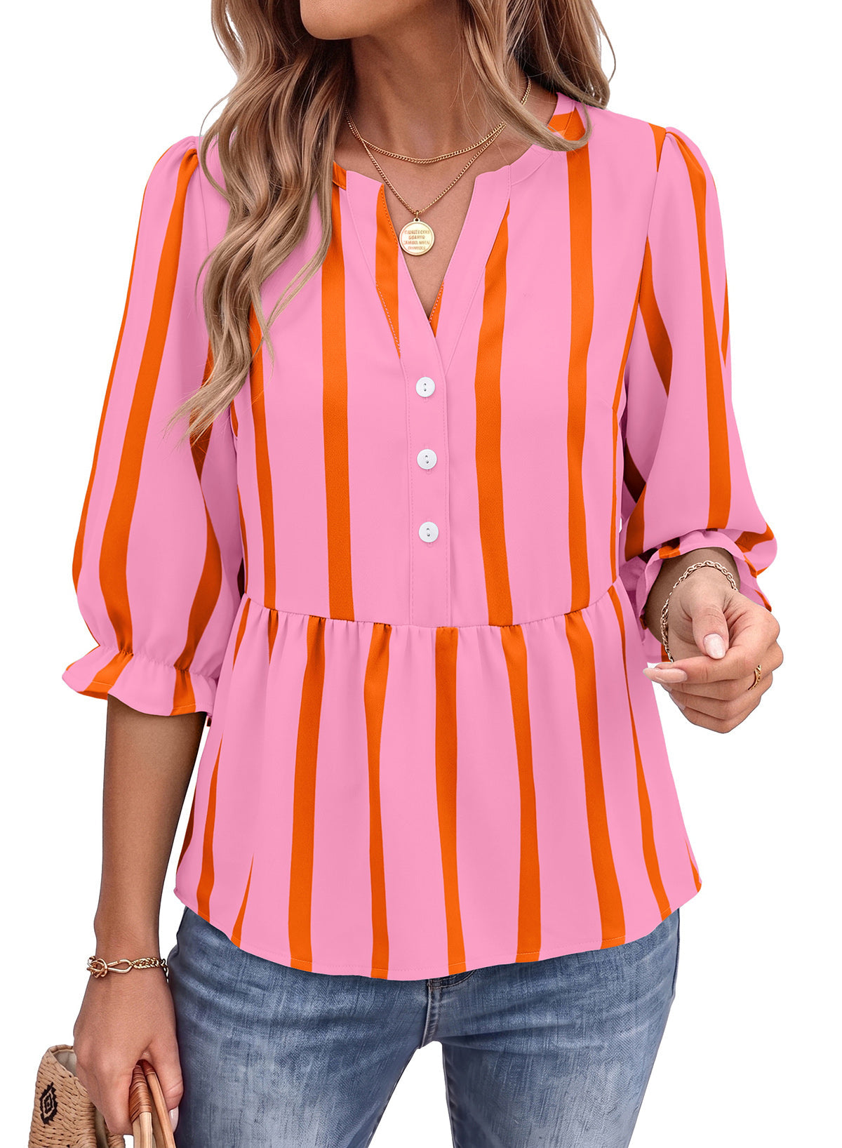 Dokotoo Women's Casual Striped Shirt 3/4 Sleeve Oversized Tops 2026 Outfits