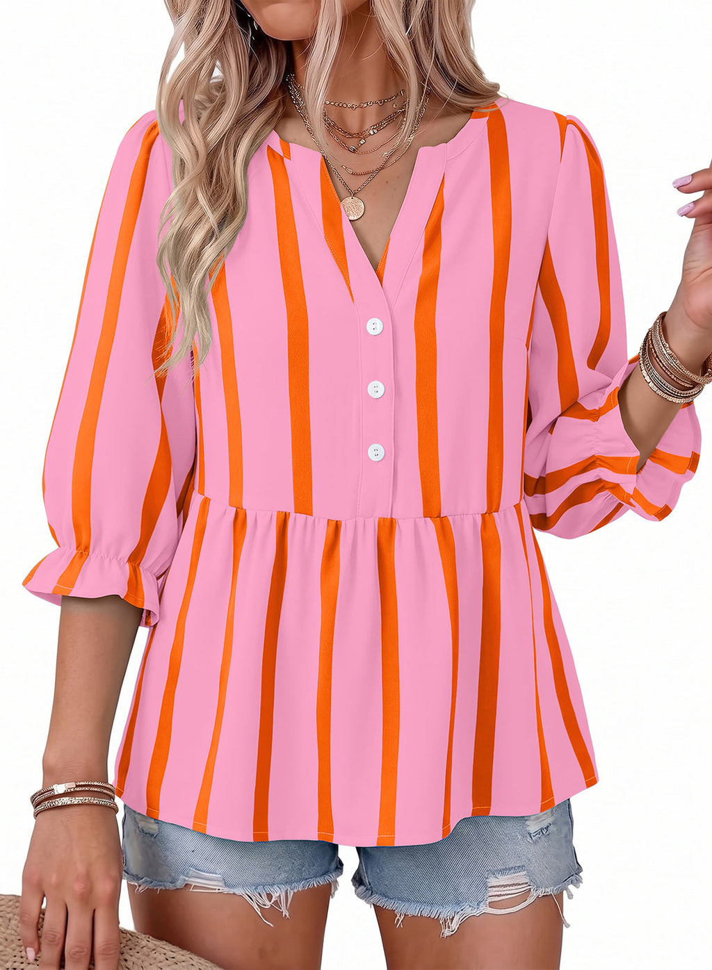 Dokotoo Women's Casual Striped Shirt 3/4 Sleeve Oversized Tops 2026 Outfits