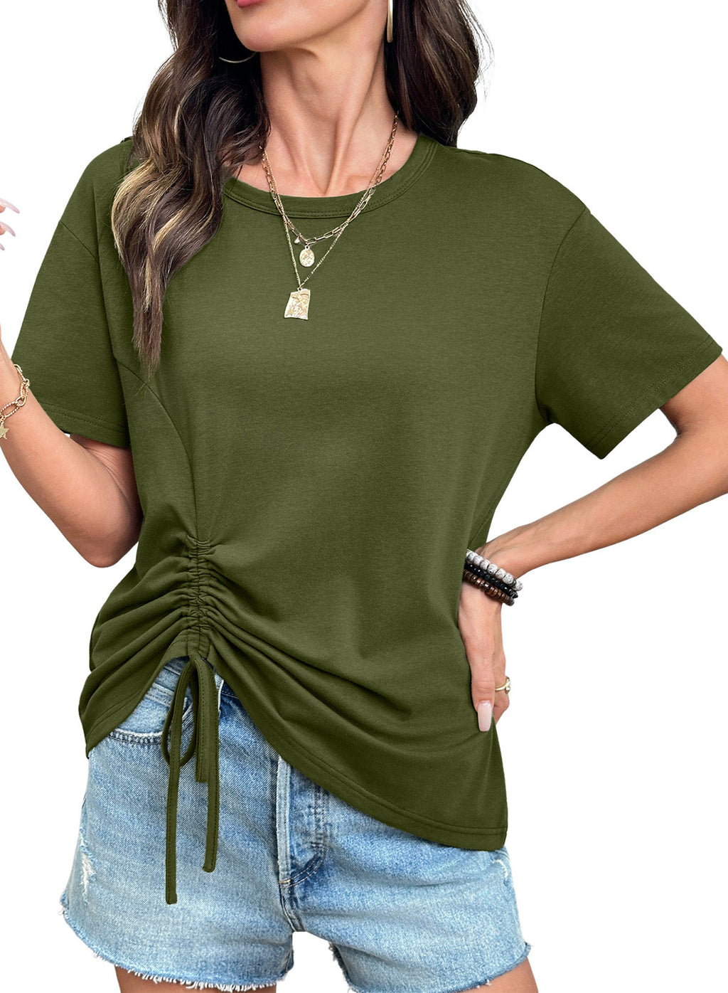 Dokotoo Womens Summer Tops Drawstring Side Ruched Tunic Shirts
