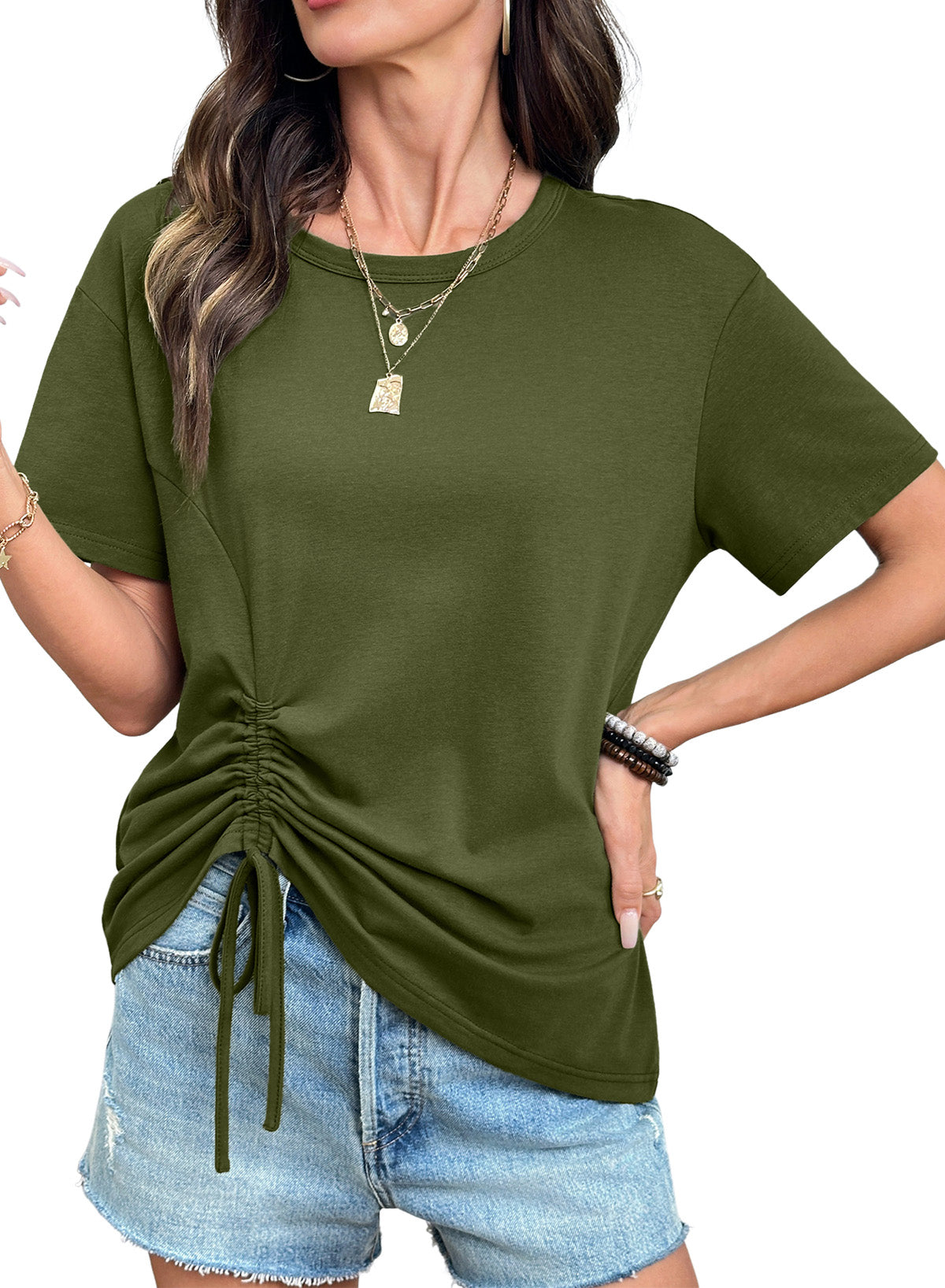 Dokotoo Womens Summer Tops Drawstring Side Ruched Tunic Shirts