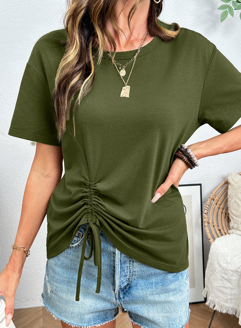 Dokotoo Womens Summer Tops Drawstring Side Ruched Tunic Shirts