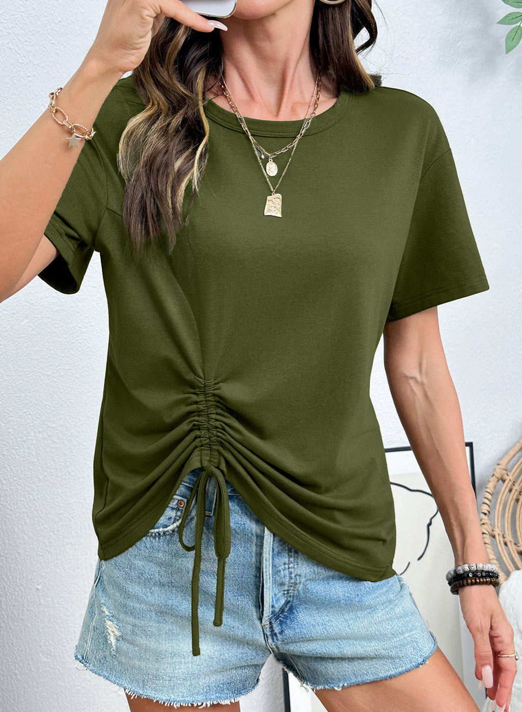 Dokotoo Womens Summer Tops Drawstring Side Ruched Tunic Shirts