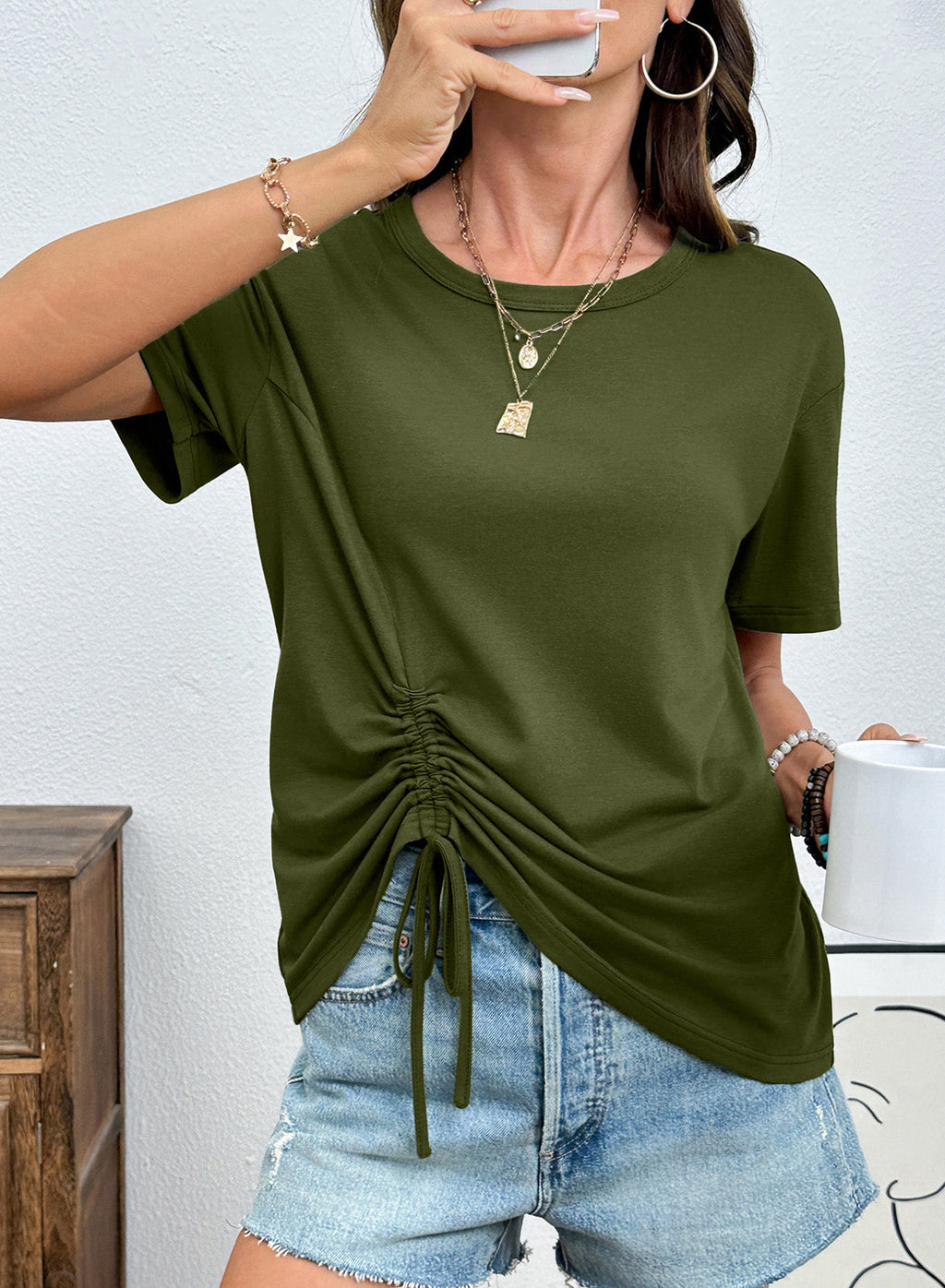 Dokotoo Womens Summer Tops Drawstring Side Ruched Tunic Shirts