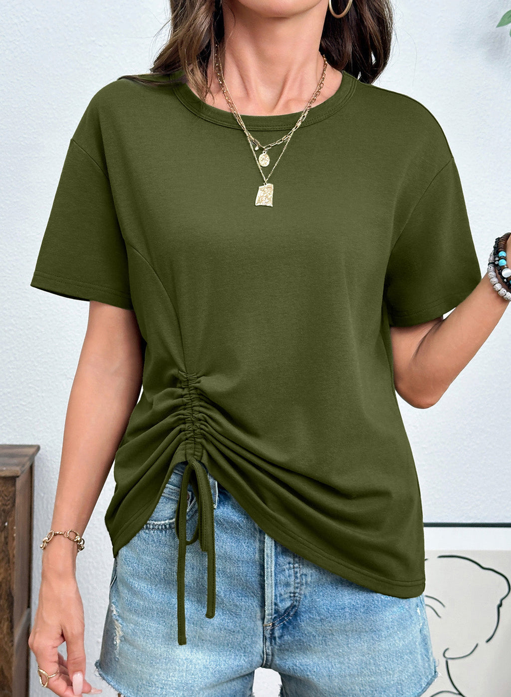Dokotoo Womens Summer Tops Drawstring Side Ruched Tunic Shirts