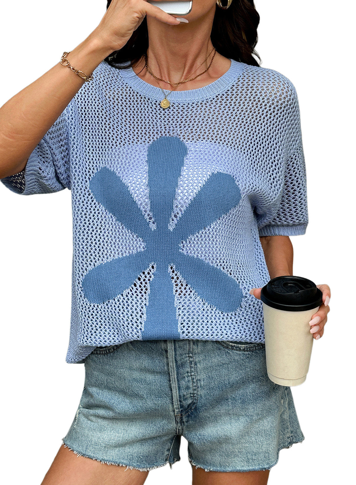 Dokotoo Women's Short Sleeve Crochet Sweater Beach Cover UPs Knit Top