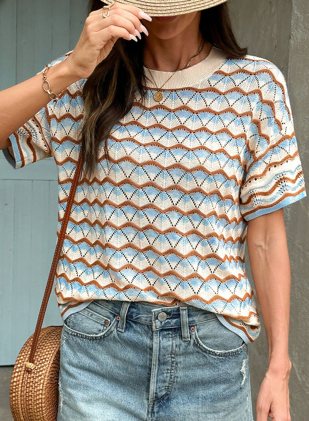 Dokotoo Women's Striped Short Sleeve Sweater Cotton Boho Summer Crochet Top