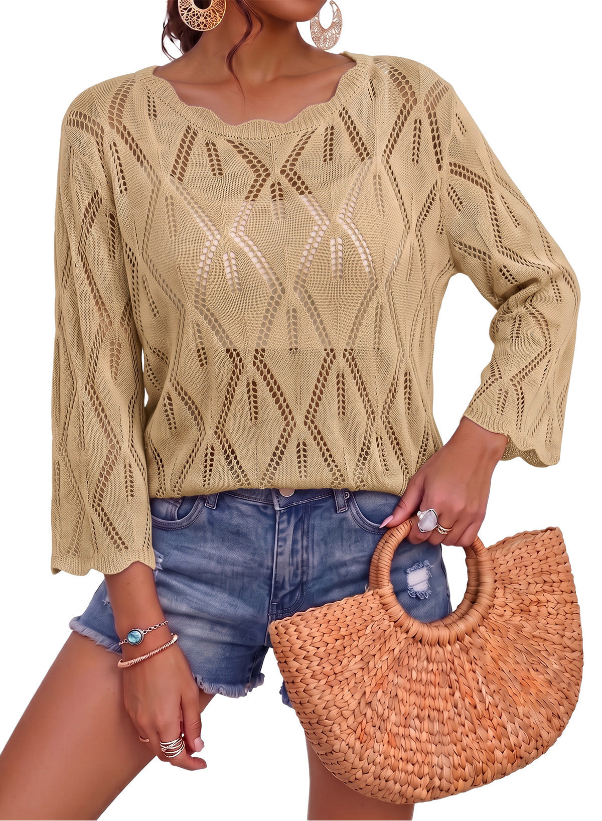 Dokotoo Women's 3/4 Sleeve Crochet Knit Tops 2026 Summer Sweaters Outfits