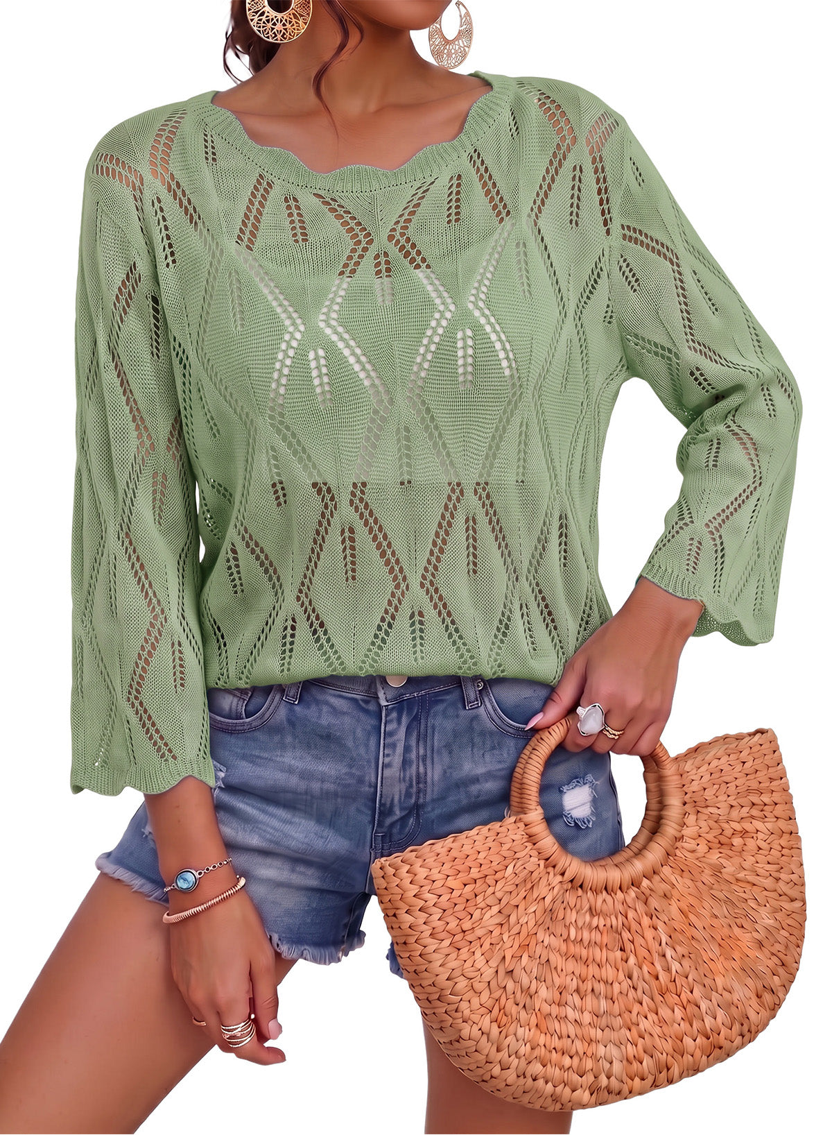 Dokotoo Women's 3/4 Sleeve Crochet Knit Tops 2026 Summer Sweaters Outfits