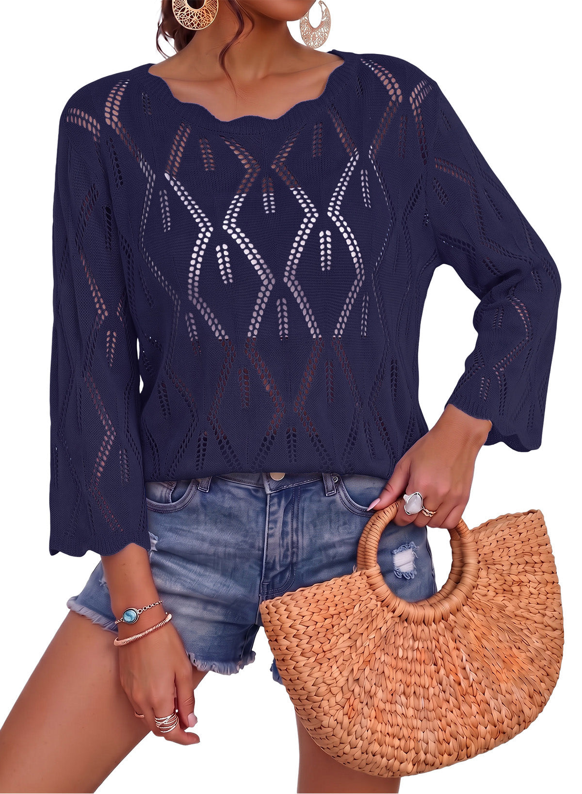 Dokotoo Women's 3/4 Sleeve Crochet Knit Tops 2026 Summer Sweaters Outfits