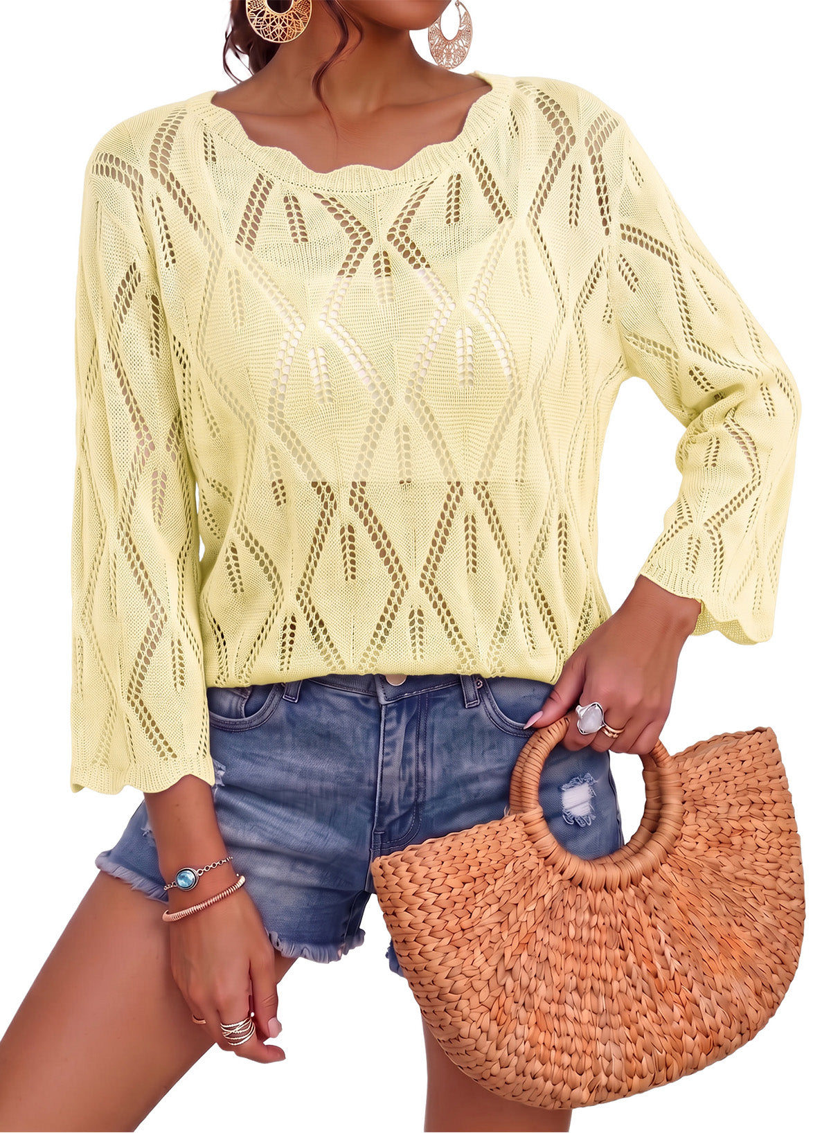 Dokotoo Women's 3/4 Sleeve Crochet Knit Tops 2026 Summer Sweaters Outfits